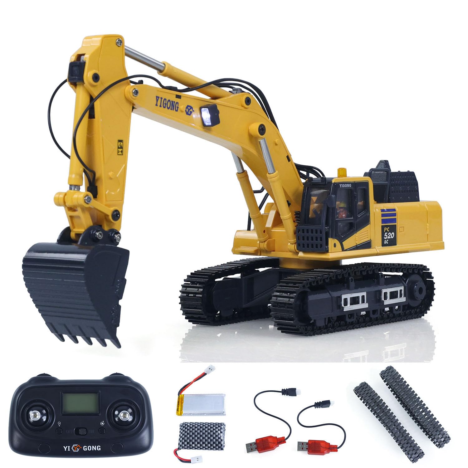TOUCAN RC HOBBY 1/50 Excavadora controlada por radio PC520 Vehículo de construcción de excavadora RC eléctrica juguete modelo terminado cadenas de metal luces sonidos unidad para regalos especiales