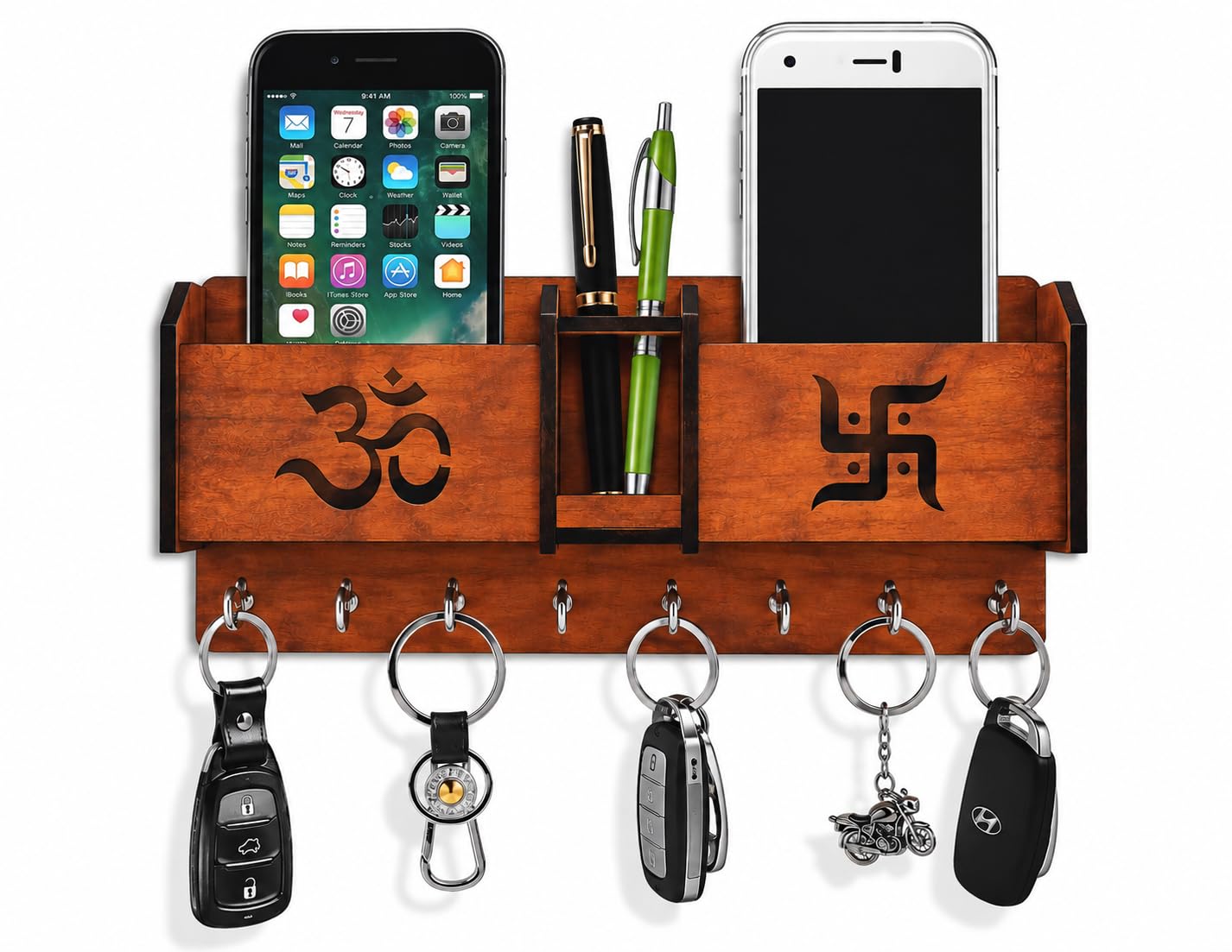 CAPIO ART Wooden Key Holder - 7 Hooks & Mobile Storage -5