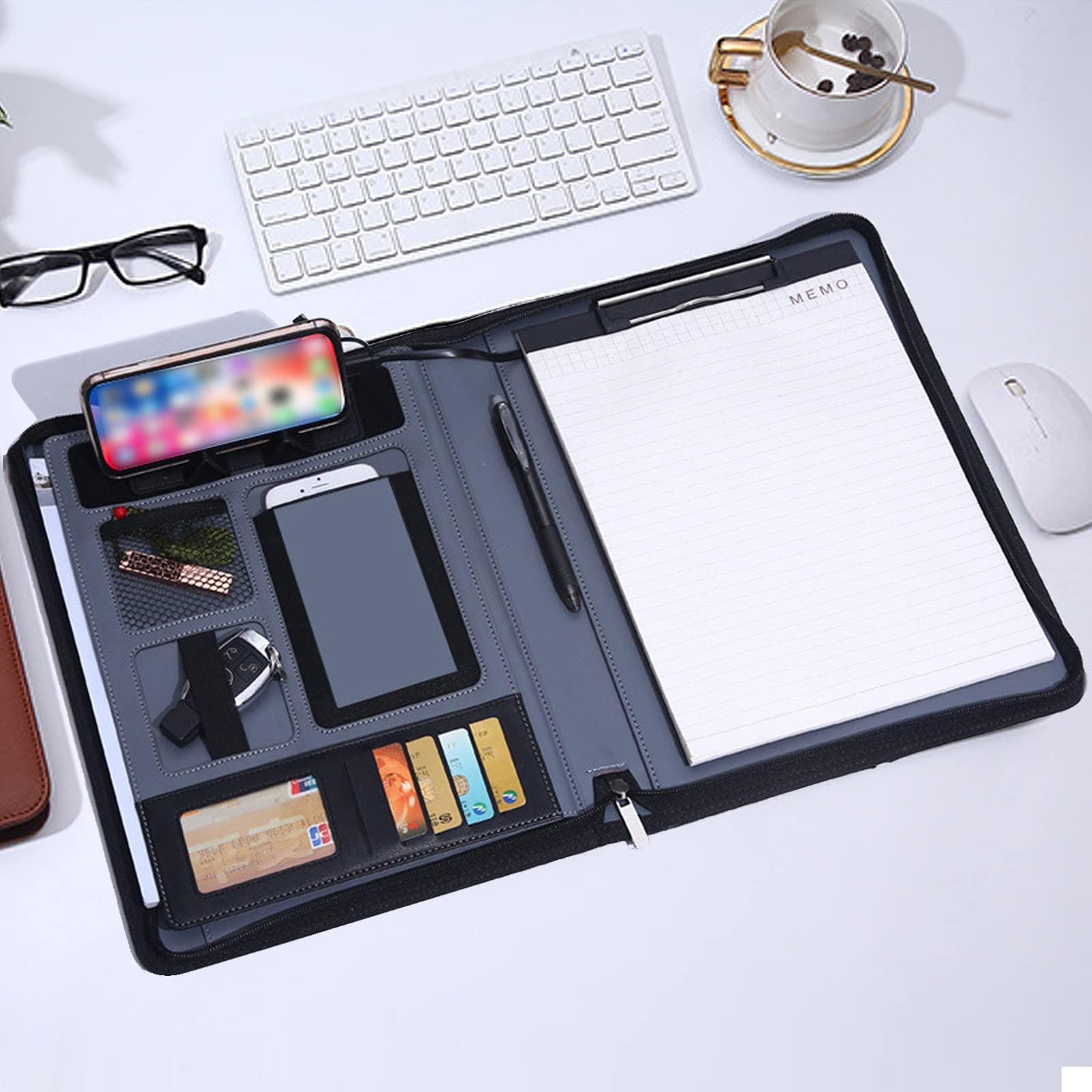 Cartella multifunzione A4 in pelle PU con caricatore, calcolatrice e organizer per notebook, per professionisti (argento)