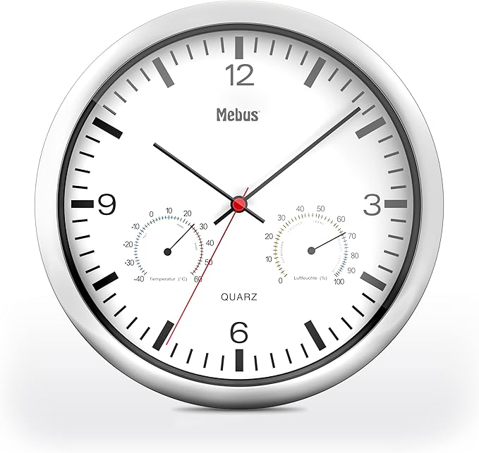Amazon.de Mebus QuarzWanduhr mit Thermometer und Hygrometer/silberner