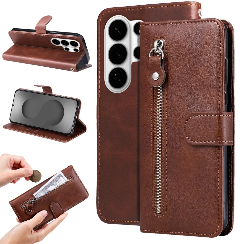 Generic Custodia Compatibile con Samsung Galaxy S24 Plus (Marrone) Porta Zip Pelle Portafoglio Flip Cover Posteriore
