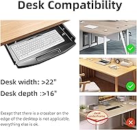 Vista 6 de Bandeja de teclado de acero sólido para debajo del escritorio, con plataforma giratoria para ratón de 360, estante para teclado deslizante, soporte