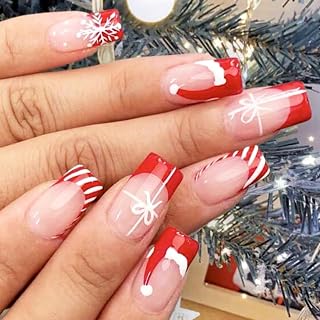 Christmas Red French Tip Press on Nails Short Square Fake Nails with Santa Hat Snowflake Design Candy Cane False Nails Winter Xmas Gift Bow Glue on Nails Artificial Stick on Nails for Women Girl 24Pcs