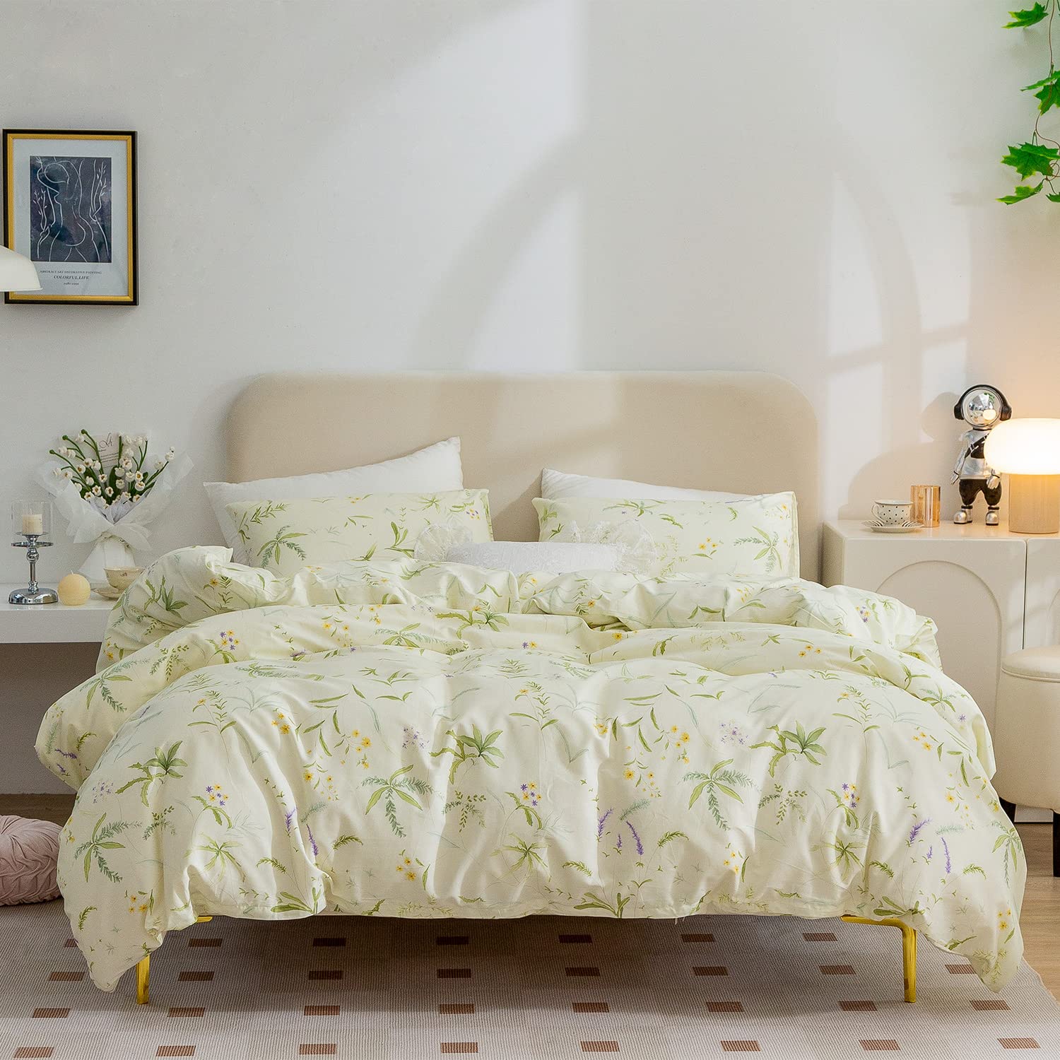 Duvet Cover King Cotton Floral, 100% Cotton 3 Pieces Queen Floral Bedding Sets for Girls, Purple Yellow Floral Chic Garden Style Floral Pattern Printed King Duvet Cover Flowers with Zipper Closure