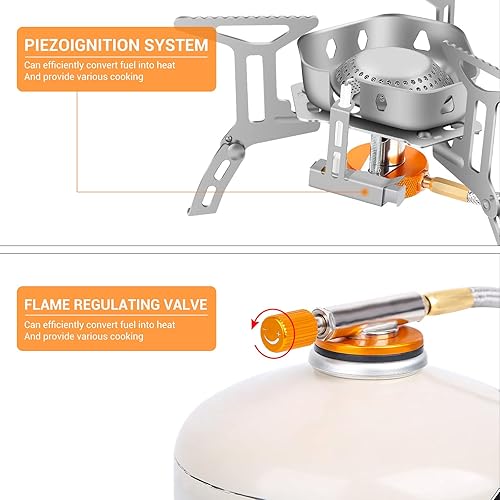 Miniatura 4 de KOCZIL Estufa de mochilero portátil ligera de 3500 W, encendido piezoeléctrico, plegable, doble combustible, propano butano, quemador de campamento,