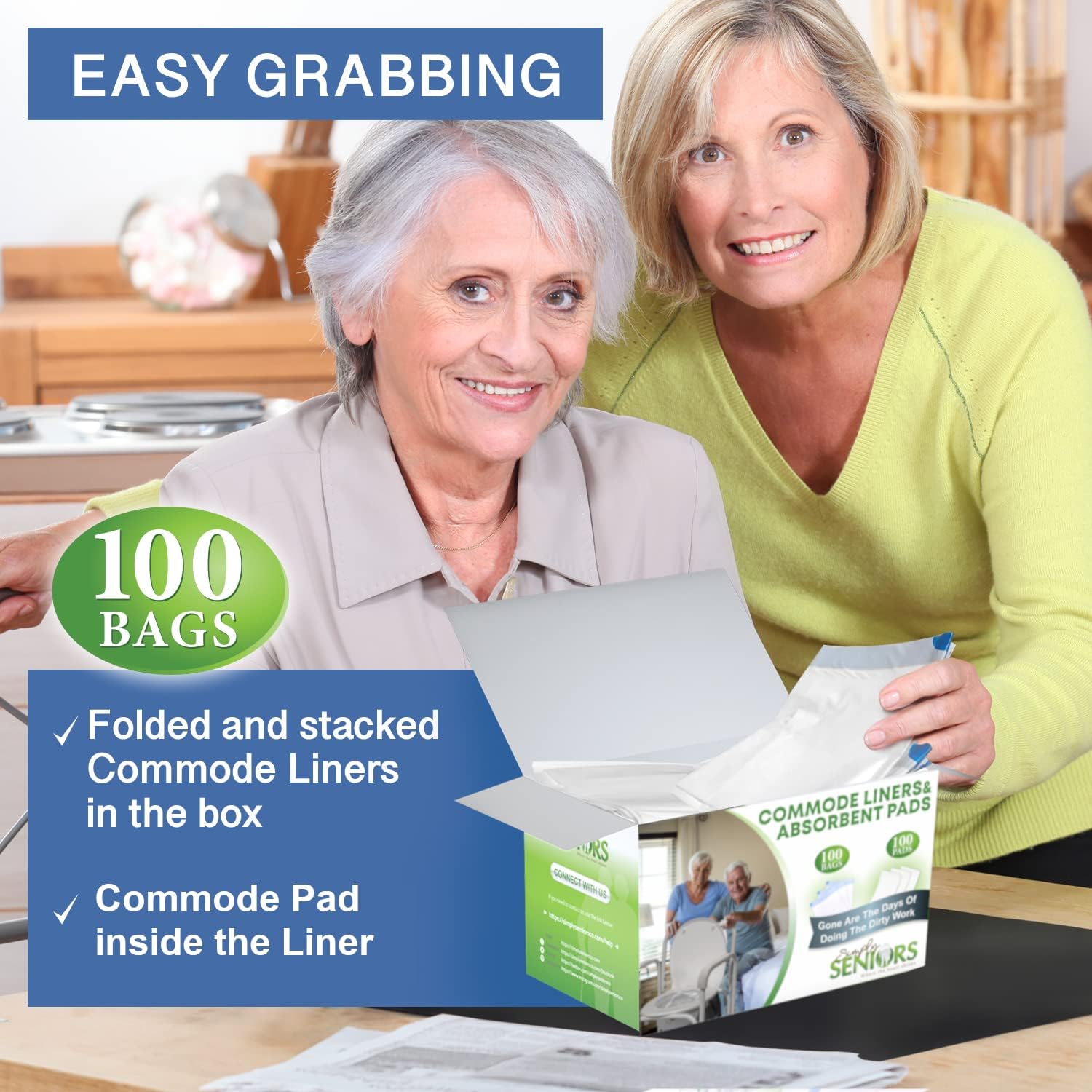 Commode Liners with Absorbent Pads - 200 Bedside Commode Liners Disposable & 100 Absorbent Pads for Toilet Liners For Portable Toilet & Porta Potty - Toilet Bags - Bed Pan Liners