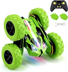 Remote Control Car RC Cars Toys for Boys Girls Ages 6-12, Upgraded USB-C Modular Batteries, Threeking 4WD Stunt Car with Breathing Soft Lights, Double-Sided Driving & 360° Flips, Presents Gifts, Green