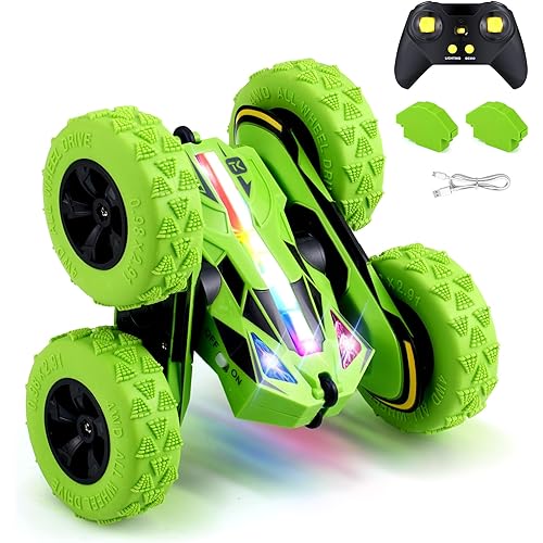 Remote Control Car RC Cars Toys for Boys Girls Ages 6-12, Upgraded USB-C Modular Batteries, Threeking 4WD Stunt Car with Breathing Soft Lights, Double-Sided Driving & 360° Flips, Presents Gifts, Green