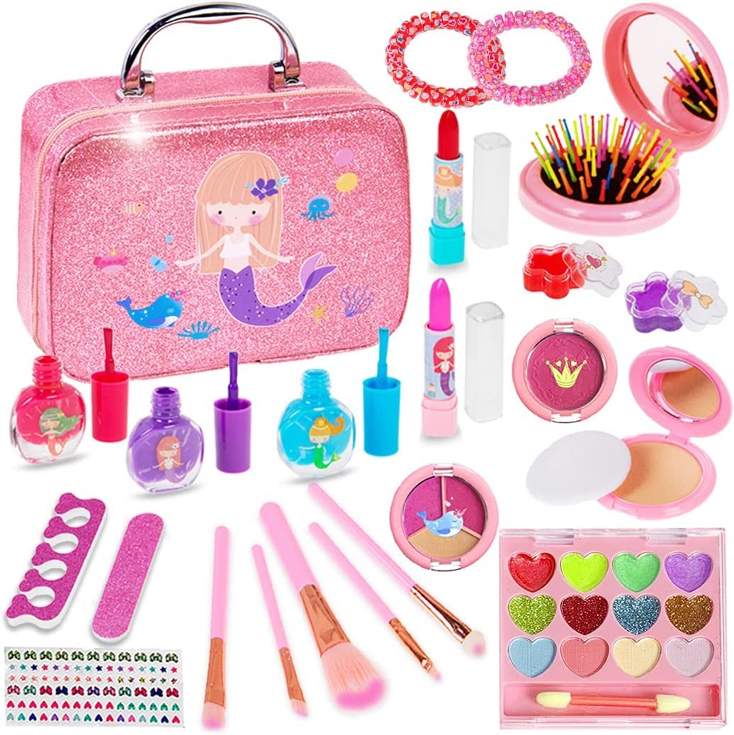 TDOO Kids Makeup Kit for Girls 24 PCS Princess Washable Girls Makeup Toy Pretend Play Makeup Toy Set Christmas Birthday Gift Toys Set with Carry Bag for Toddler Children Kids Girl Party (pink)