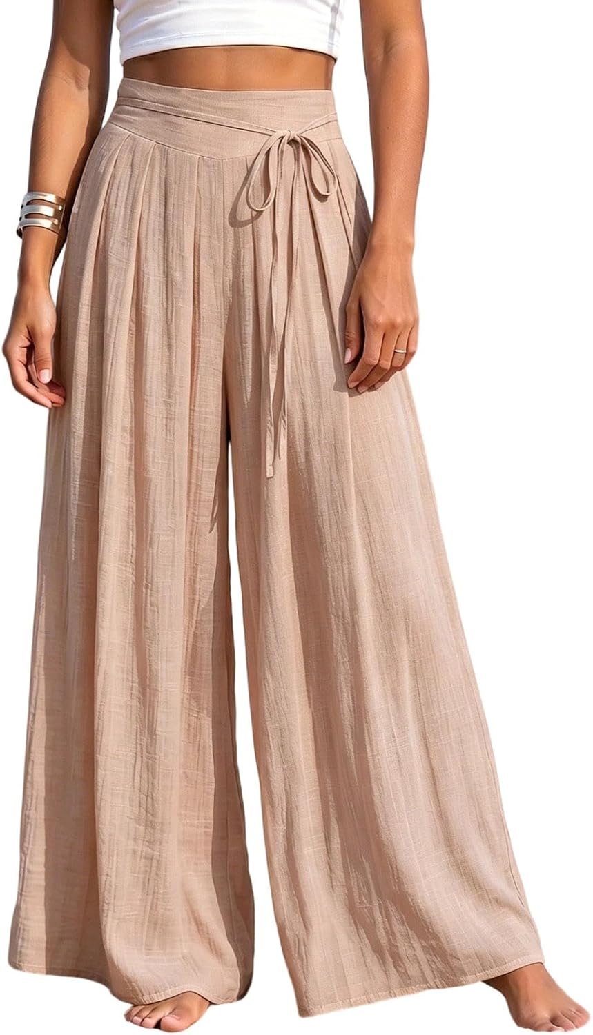 Womens Tie Waist Wide Leg Pants High Waisted Pleated Front Linen Pants Boho Fashion Vacation Beach Outfits 2026