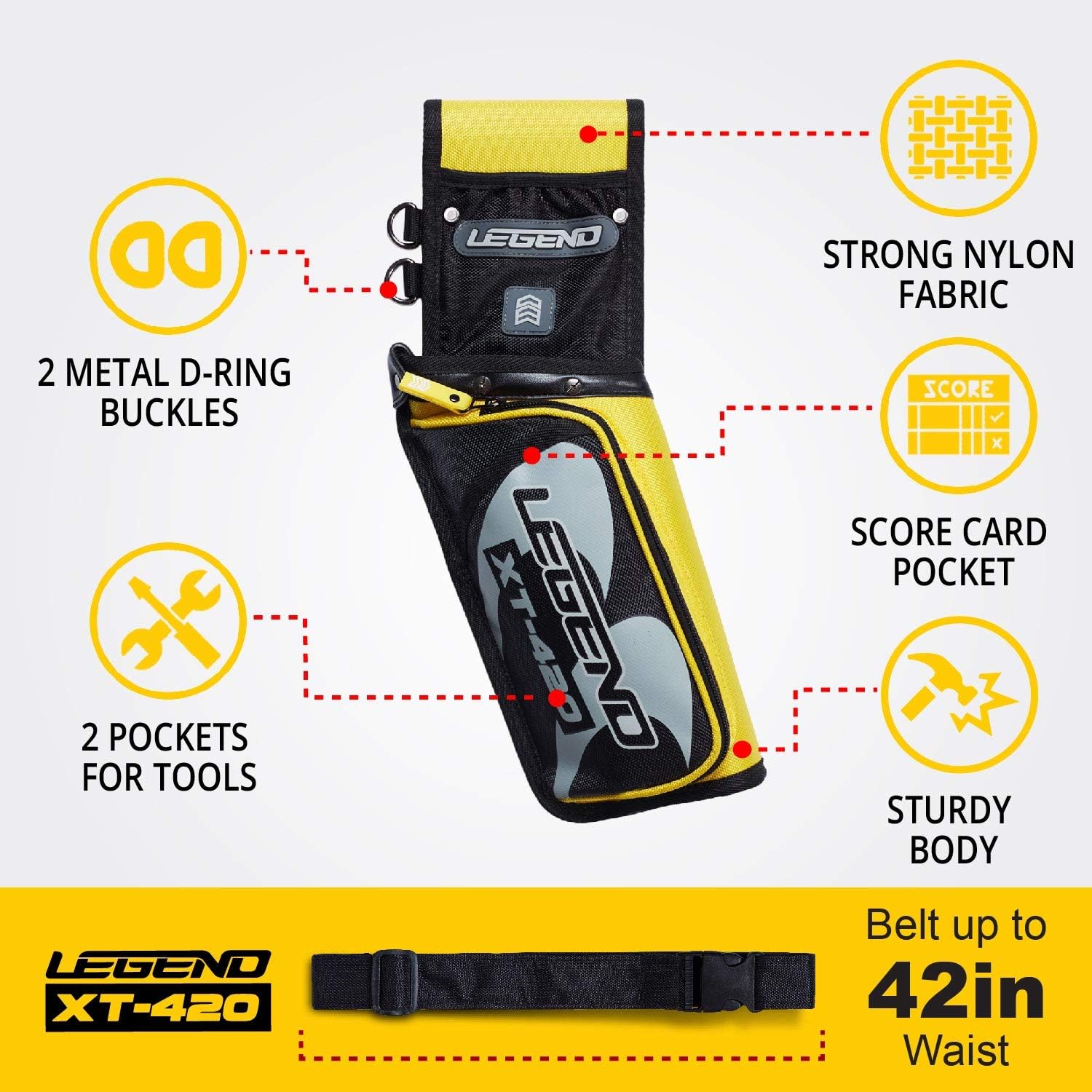 Legend XT420 Field Quiver - Left or Right-Handed Quiver Arrow Holder, Archery Quiver with 3 Arrow Tube, Durable Nylon Hip Quivers with Multiple Pockets for Archery Accessories, Score Card & Tools