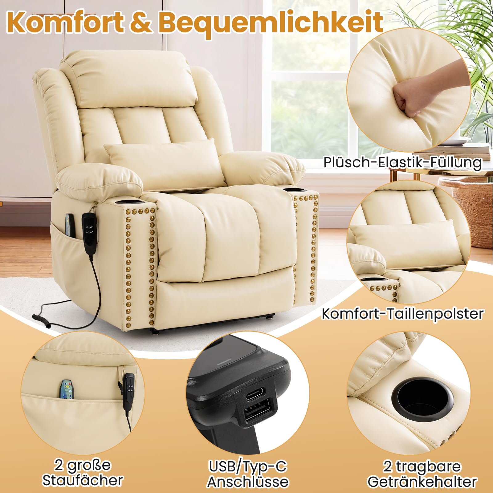 DUANDUAN 2 Motoren Relaxsessel Elektrisch mit Liegefunktion, Massagesessel Fernsehsessel mit Aufstehhilfe, 180° Verstellbar, Beige