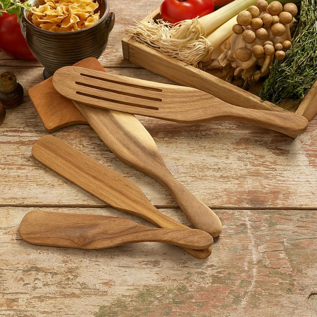 5 Pcs Wooden Spurtle Set with Spoon Rest – Acacia Wood Spurtle Spatula Utensils for Non-Stick Cookware, Stirring, Mixing, Scooping, Serving, Scraping, Cooking