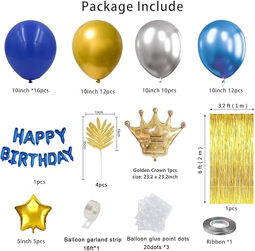 Miniatura 5 de Juego de decoración de fiesta de cumpleaños azul dorado y plateado, pancarta de feliz cumpleaños, globos, cortina de flecos metálicos, corona
