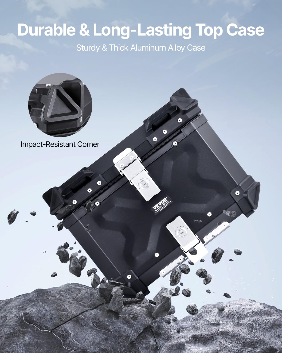 VEVOR Top Case pour Moto 55 L, Valise Porte-bagages Universel en Alliage d'Aluminium avec Doublure en Cuir, Coffre Arrière de Moto Amovible et Étanche, avec Serrure et Coussin de Dossier, pour Scooter