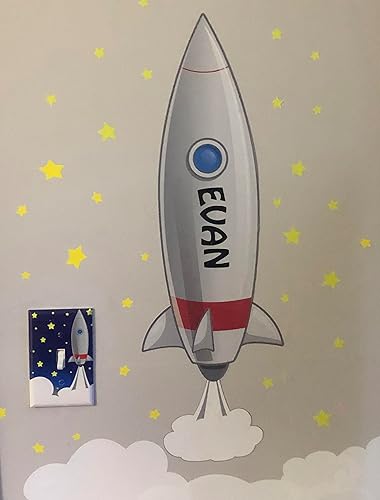 Miniatura 3 de Calcomanías de pared de barco cohete Un espacio divertido para decoración de habitación de niños, mural con estrellas y calcomanías de nombre