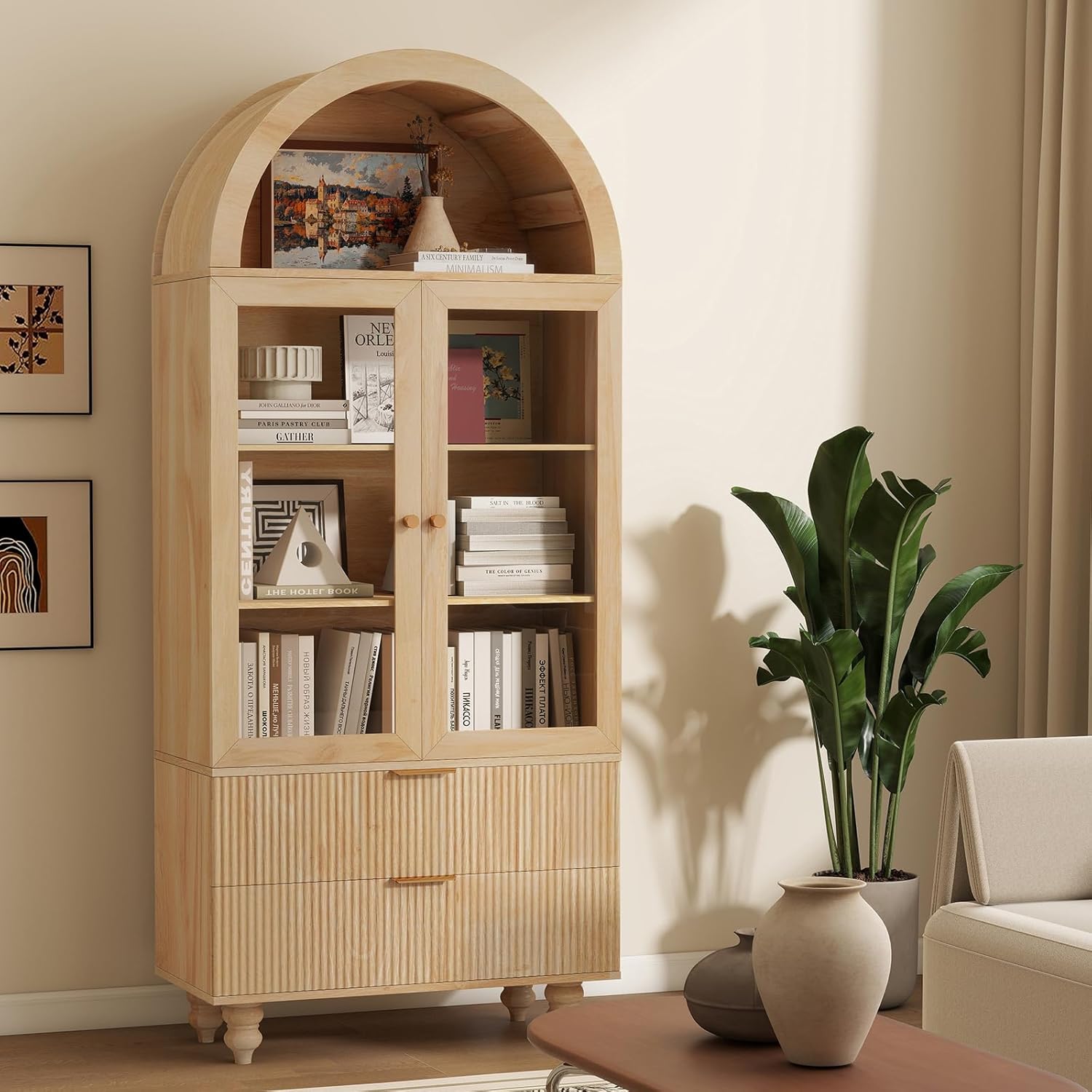 71" Tall Arched Pantry Cabinet With Glass Door, Fluted Kitchen Storage Cabinets with Shelves and Large Drawers, Wooden Buffet Cabinet Credenza for Living Room, Entryway, Coffee Station, Natrual Oak