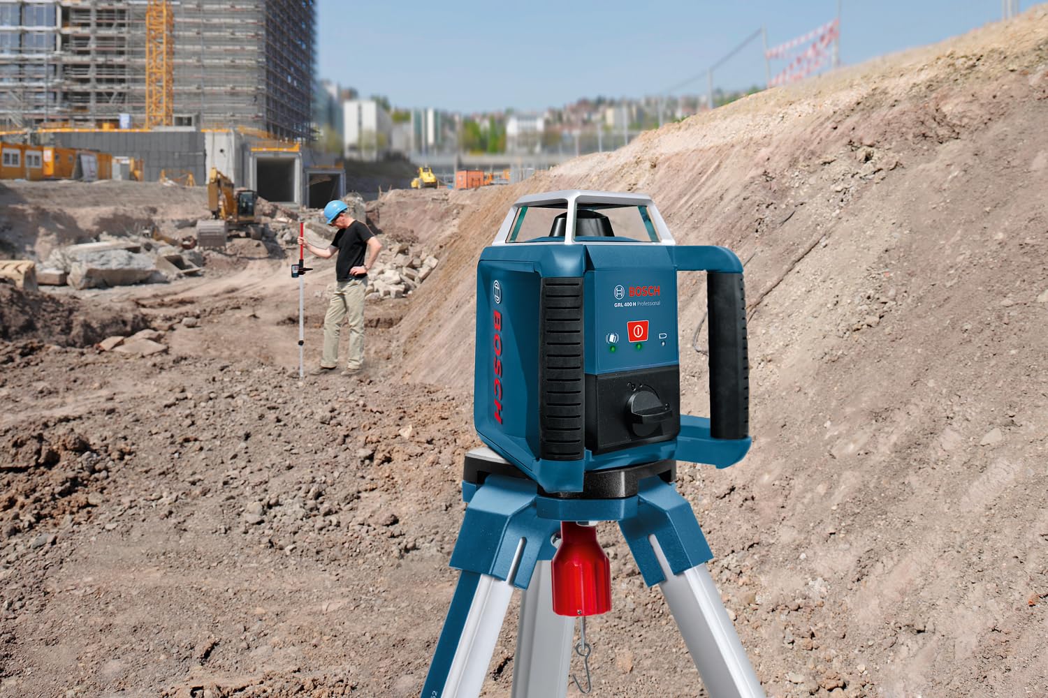 Bosch Professional Laser obrotowy GRL 400 H (jeden przycisk obsługowy, LR 1, zasięg pracy: do 400 m (średnica), akumulatorki ładowane (2xD, 1x9V), ładowarka, L-Boxx)