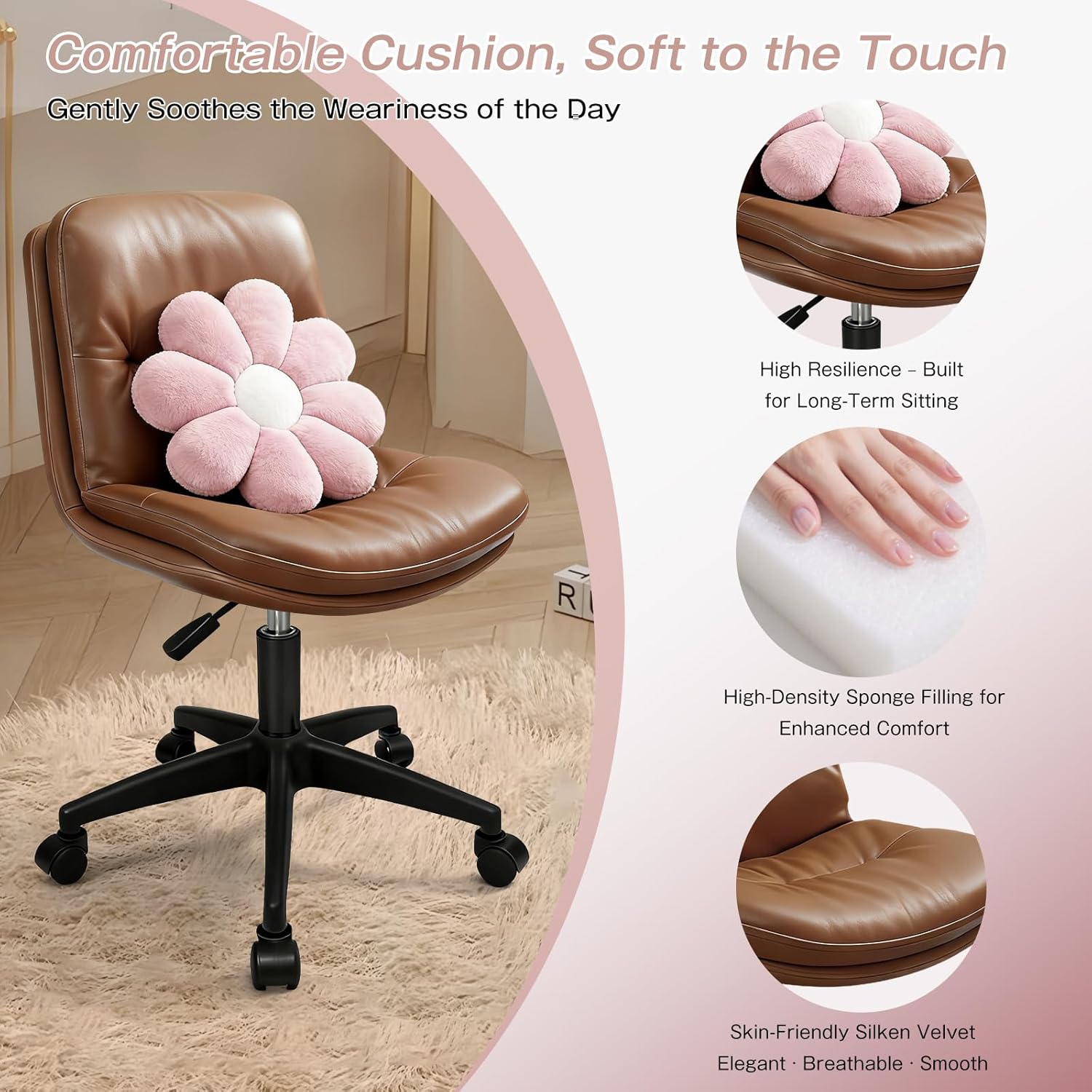Vanity Chair with Back, Armless office Chair with wheels and Lumbar support, Comfy PU Leather Desk Computer Chairs with Adjustable Height, 360°Swivel for Home Office, Computer Desk & Vanity Brown