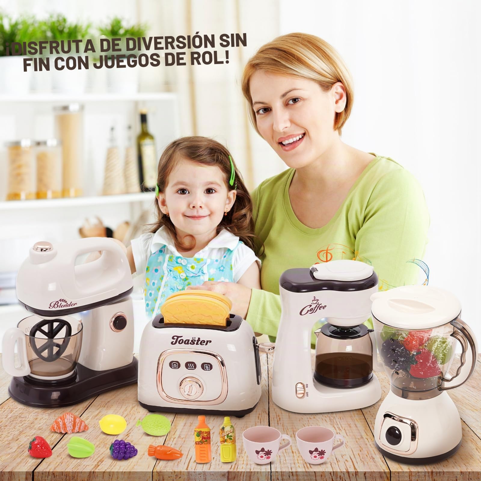 Set de utensilios de cocina para niños con cafetera, licuadora, tostadora, batidor, accesorios para cocina infantil, juguetes, juego de cocina, alimentos con luz y sonido, juegos de roles, regalos