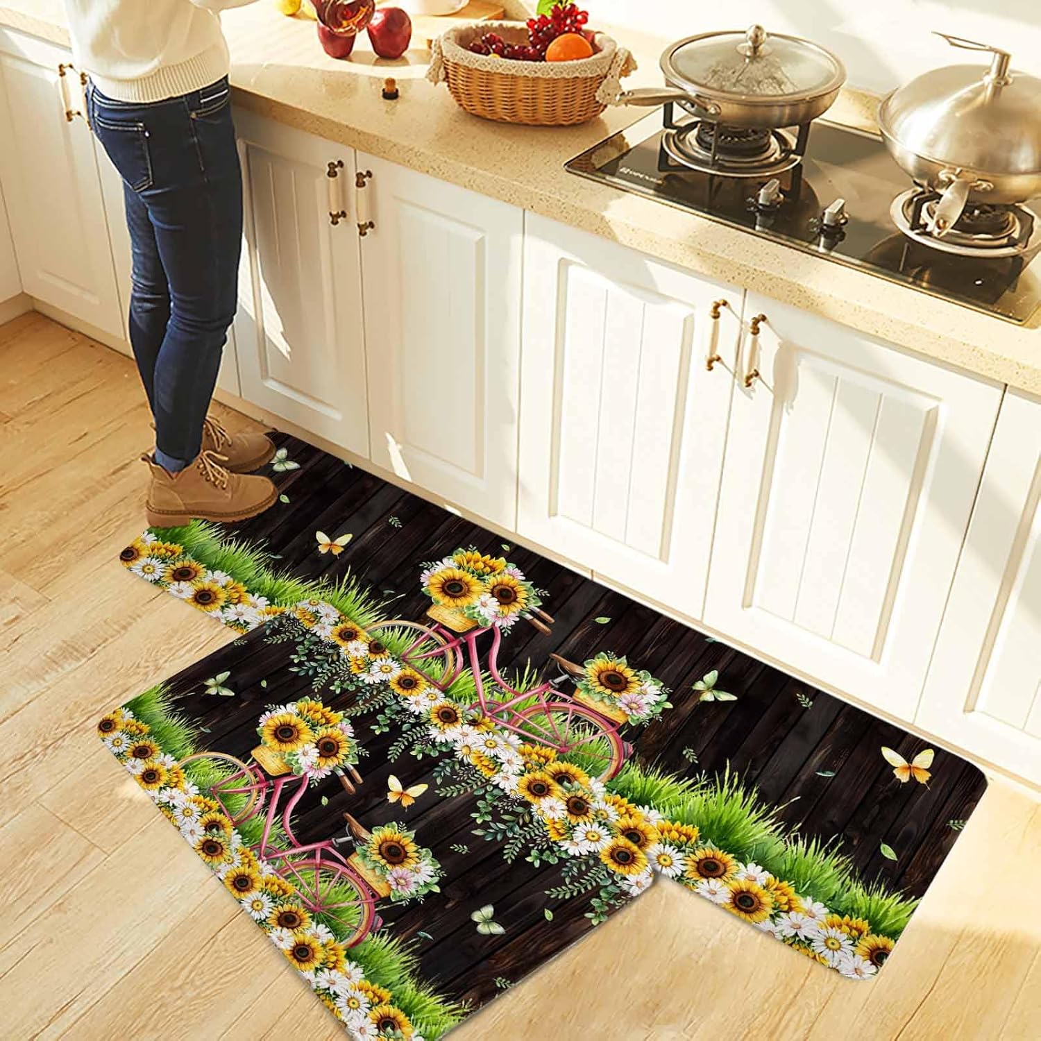 Spring Sunflowers Kitchen Rugs and Mats Set of 2, Non-Slip Kitchen Sink Mat, Bicycles Botanical Flowers Wooden Grain Washable Doormat Bathroom Rugs Runner for Bedroom/Living Room 19.7"x31.5"+19.7"x63"