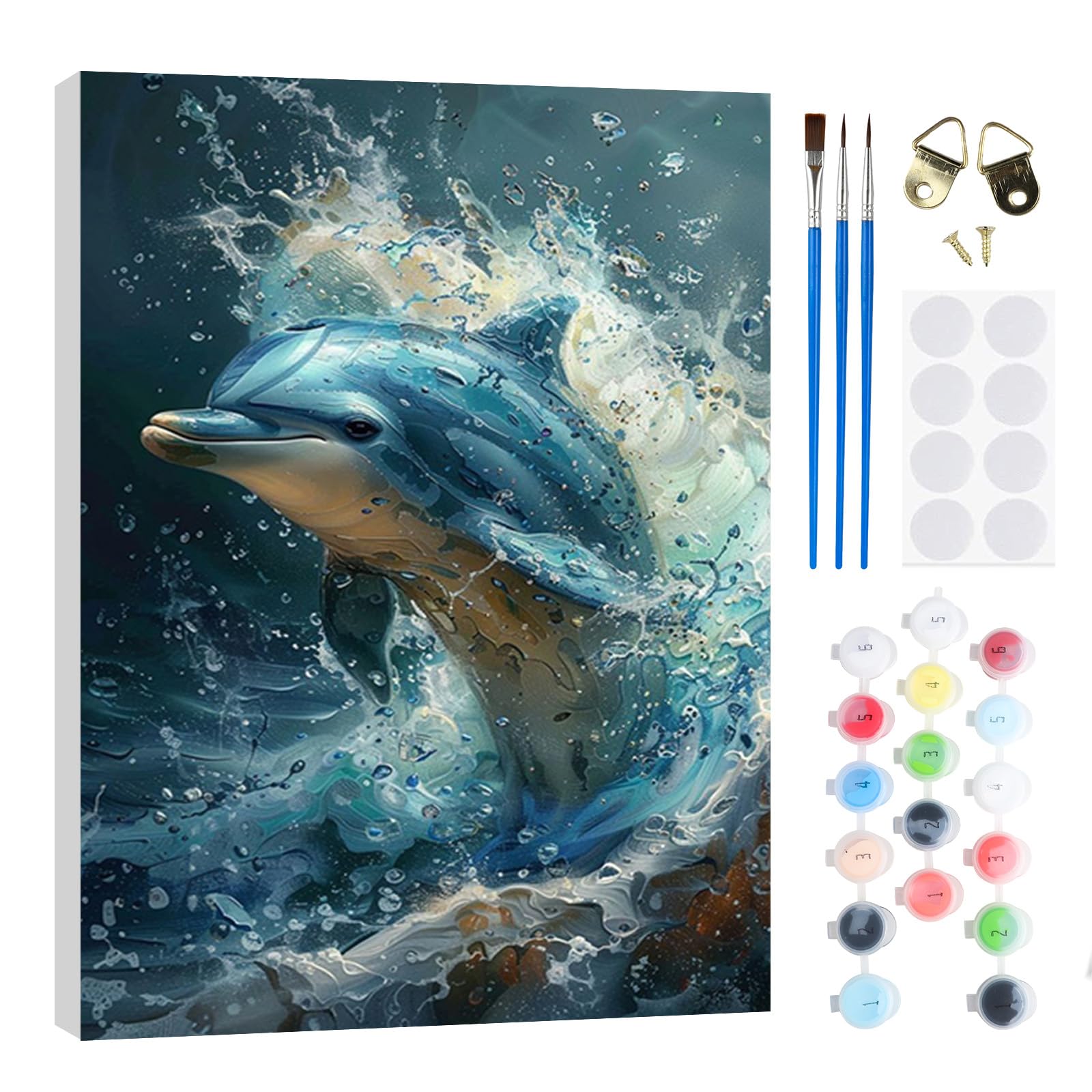 RICUVED Paint by Numbers Kits Dolphin for Adults Kids,Animal Painting Kits for Beginners On Clear Symbols Canvas with Wooden Framed, Easy DIY Acrylic Pigment Drawing Paintwork 20x30cm — image 1