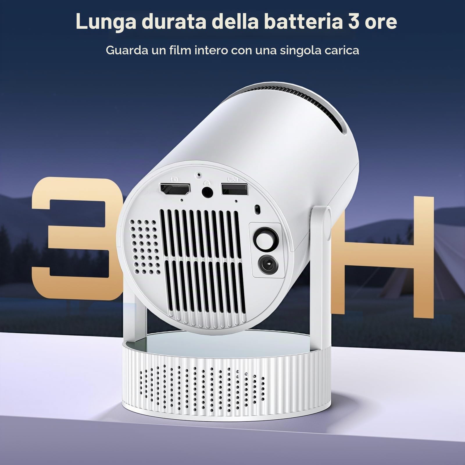 Videoproiettore Portatile con Batteria, Mini Proiettore con supporto risoluzione 4K Android TV 11 WiFi 6 Bluetooth, 3 Ore Autonomia, Esterno Campeggio Giardino, 220° Rotazione, Cinema Casa All'Aperto