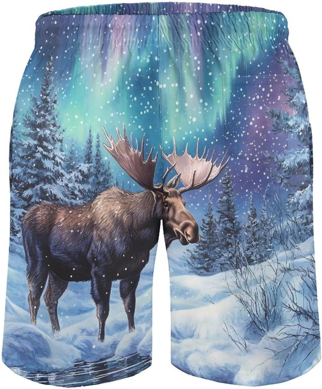 Alaskan Moose with Aurora Borealis Casual Men's Swim Trunks Novelty Summer Beach Shorts Swimwear with Pocket