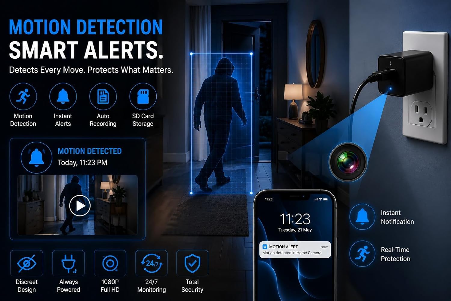 JIFAR Spy Camera Charger - Motion Detection & App View -2