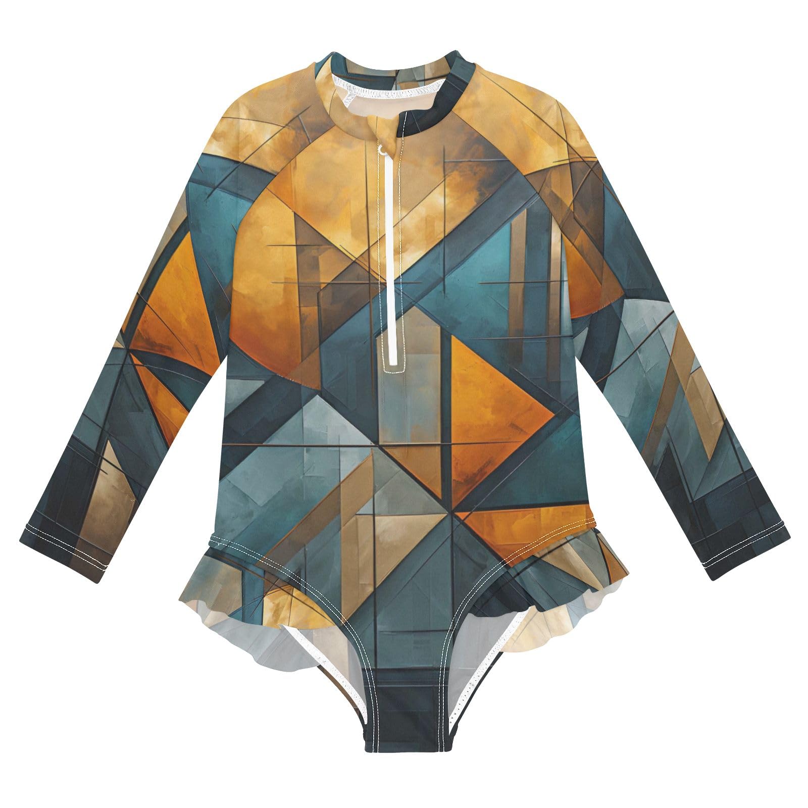 ALAZA Swimsuit for Girls Long Sleeve Rashguard Bathing Suit Geometric Abstract 5 Quick Dry 4T
