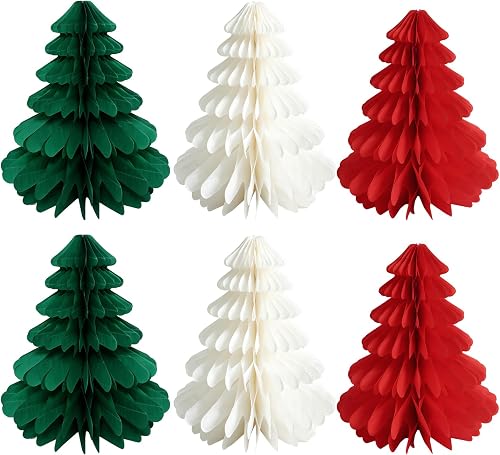 6pcs Honeycomb Christmas Tree Paper in Red, Creamy White & Green
