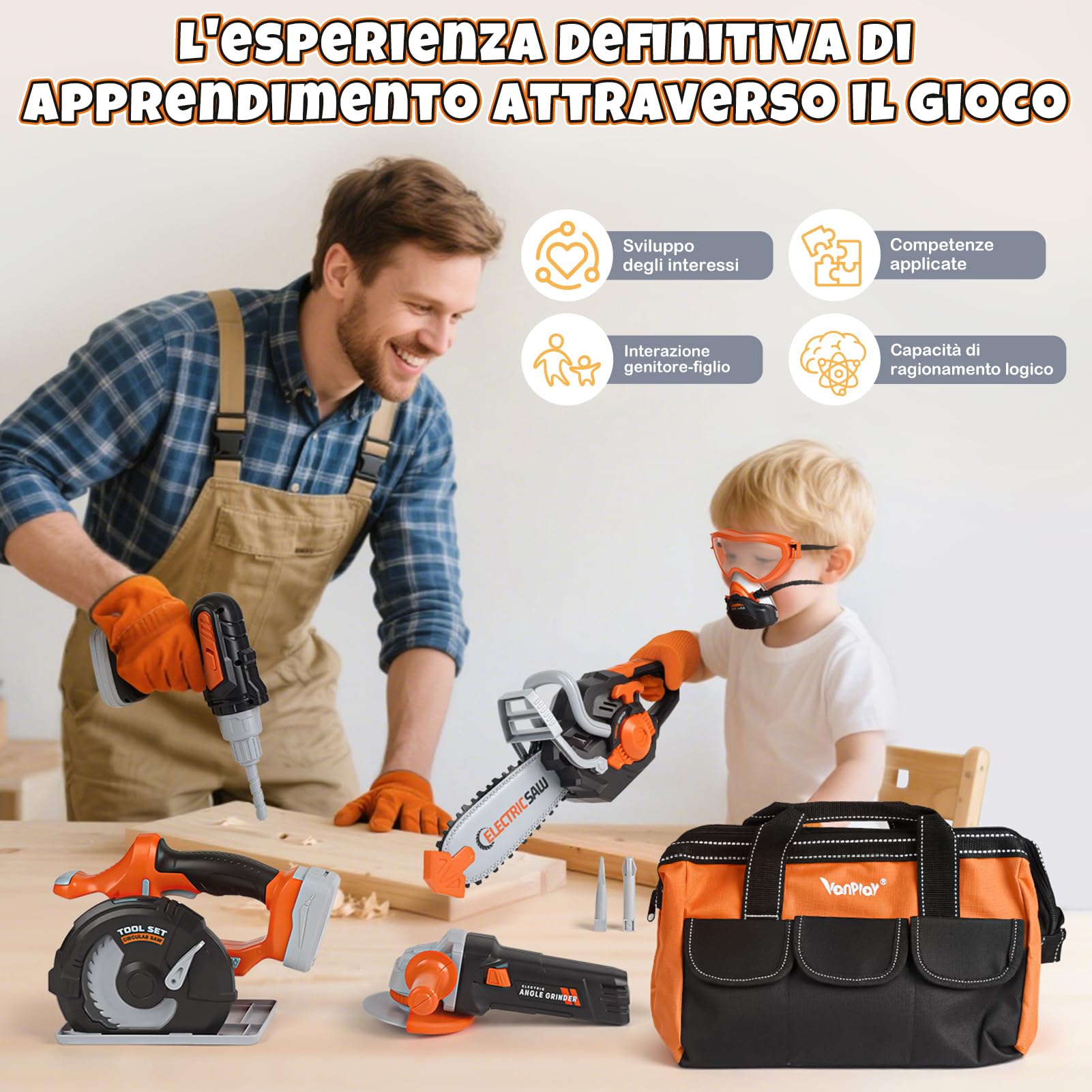 Vanplay Attrezzi Giocattolo per Bambini Modello di Lusso, Regalo Giocattolo per Bambini Piccoli dai 3, 4, 5 anni con Trapano Elettrico, Motosega, Smerigliatrice Angolare, Sega Circolare, Borsa Portaog