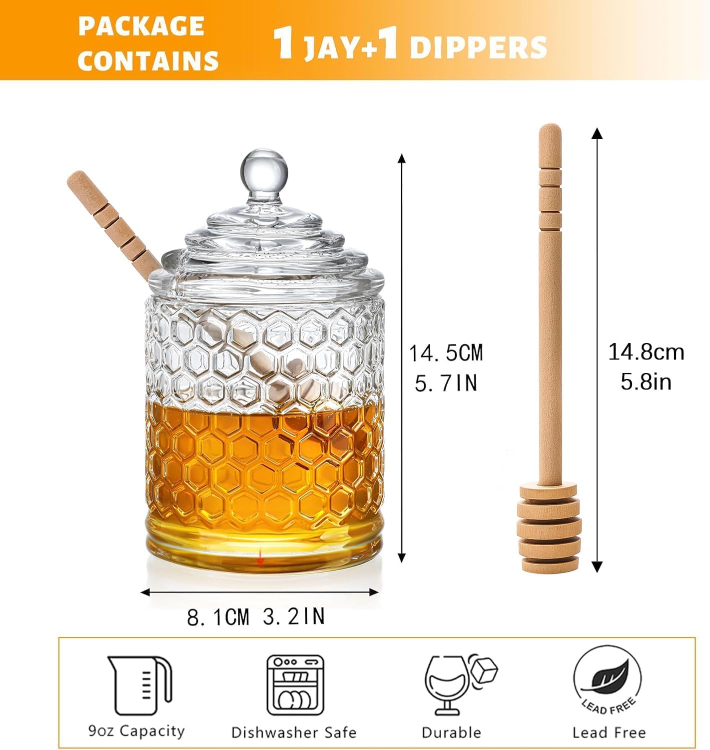 kanpura Clear Crystal Honey Pot with Dipper and Lid Glass Honey Jar Honey Dispenser(9 oz,3.7oz)