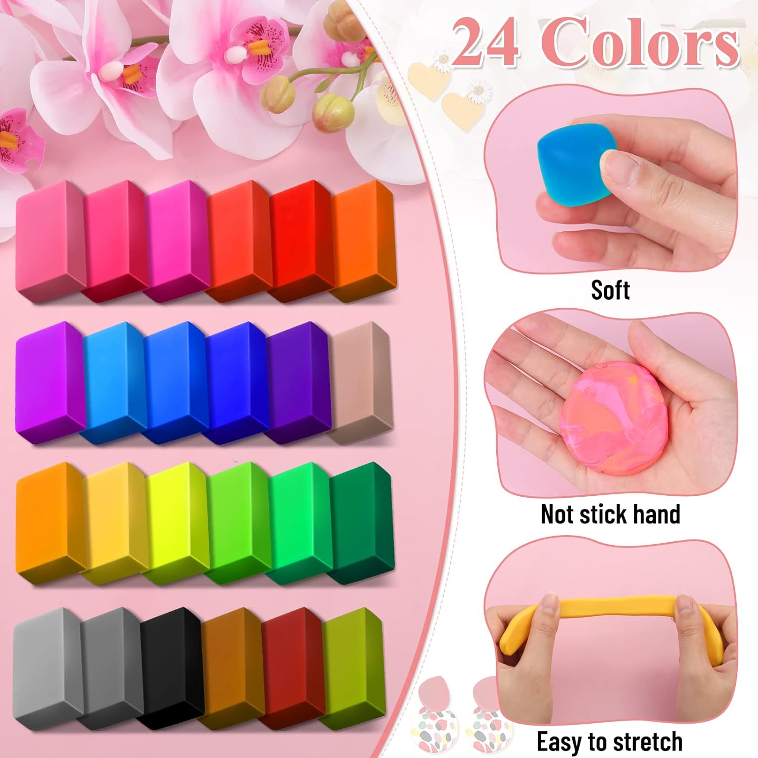 Polymer Clay Earring Making Kit- 30 Clay Earring Cutters, 24 Color Polymer Clay, 8 Circle Cutters, Rollers, B7000 Glue, 640 PCS Earrings Making Tools Accessories for Jewelry DIY (Instructions Include) - Image 4