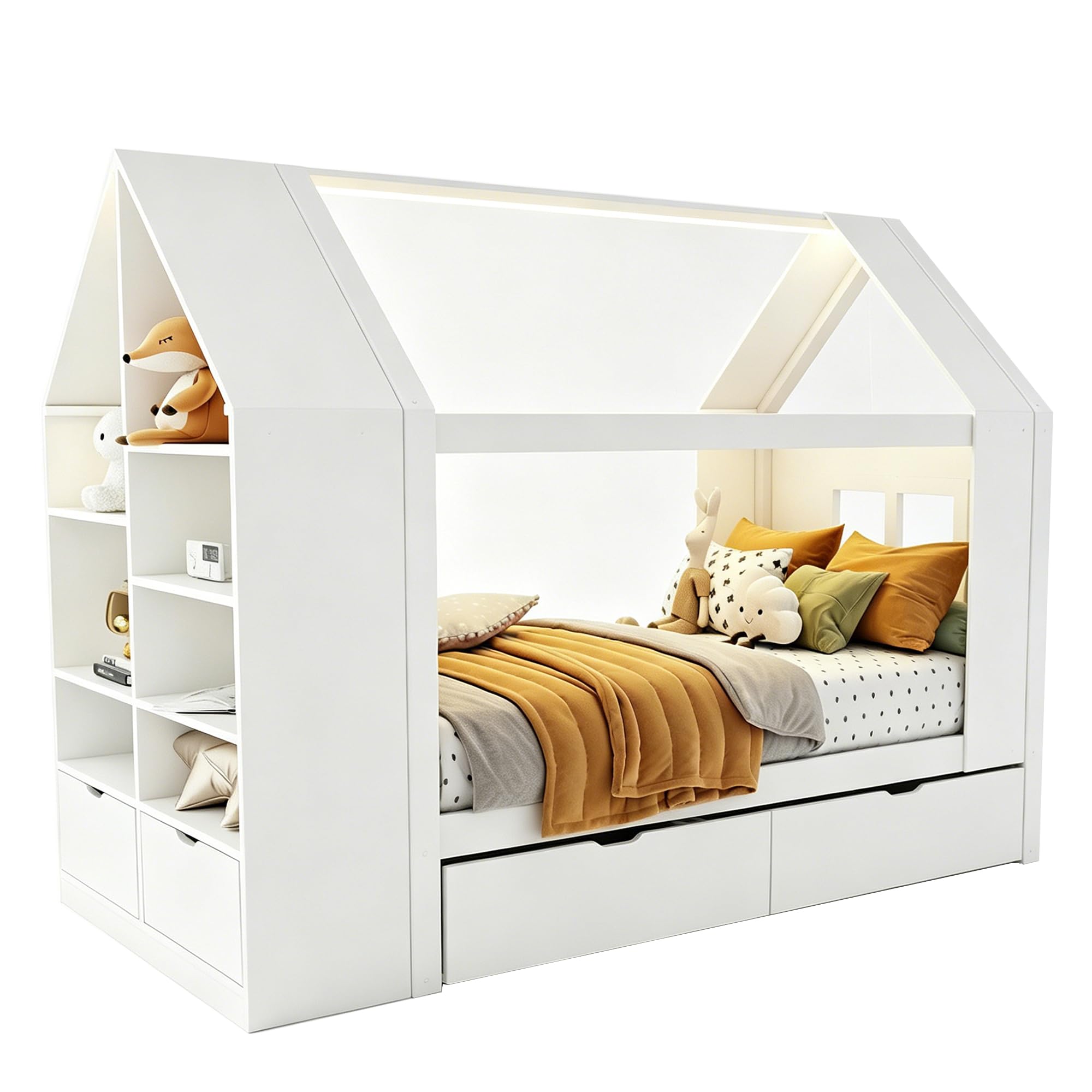 Kinderbett 90x200 Hausbett mit LED und Stauraum, Einzelbett mit Schubladen, Holzbetten für Kinder und Jugendliche, Massivholz Weiß