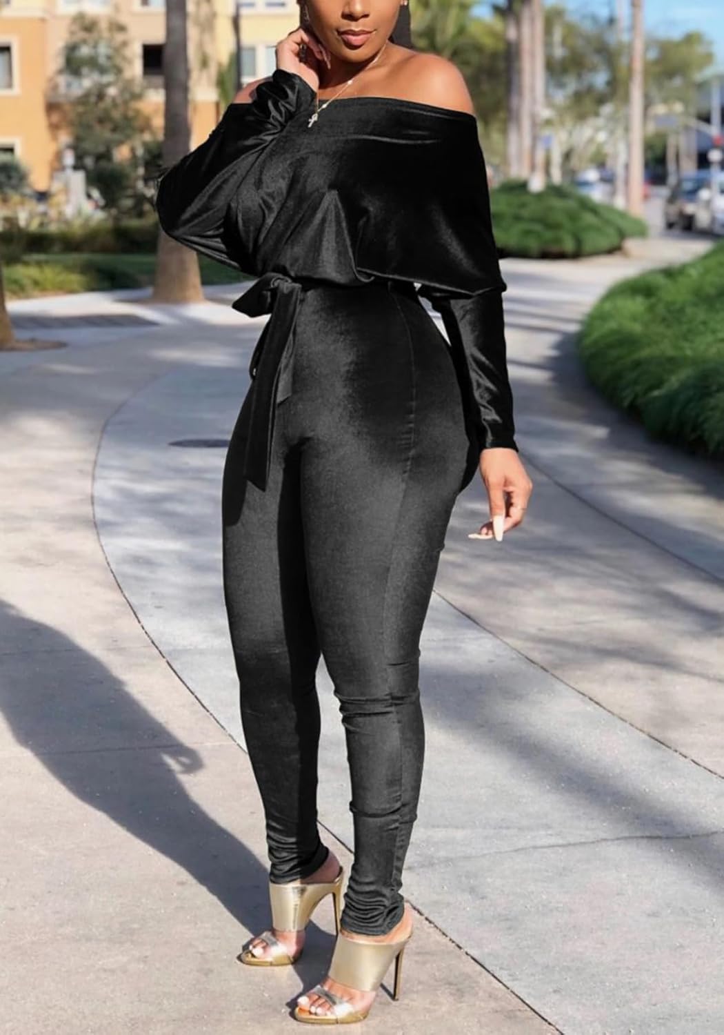 LKOUS Women Velvet Off Shoulder Jumpsuit Long Sleeve Bodycon Pants Suit One Piece Romper Party Clubwear with Belt - Image 4