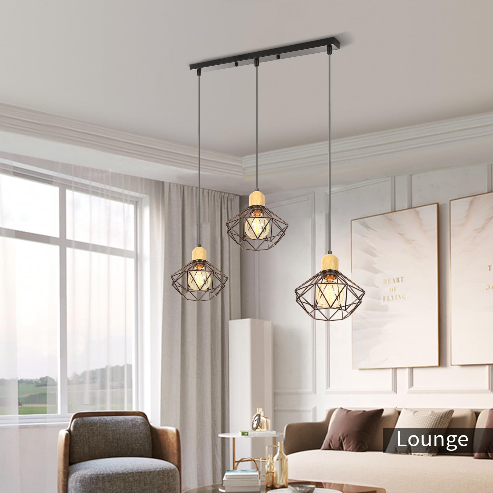 Lampara Colgante 3 Luces Vintage Lámpara de Techo E27 Industrial Iluminación de Techo de Interior en Madera y Hierro16CM Diseño de Jaula Negro para Comedor Cocina (una barra-50 cm)