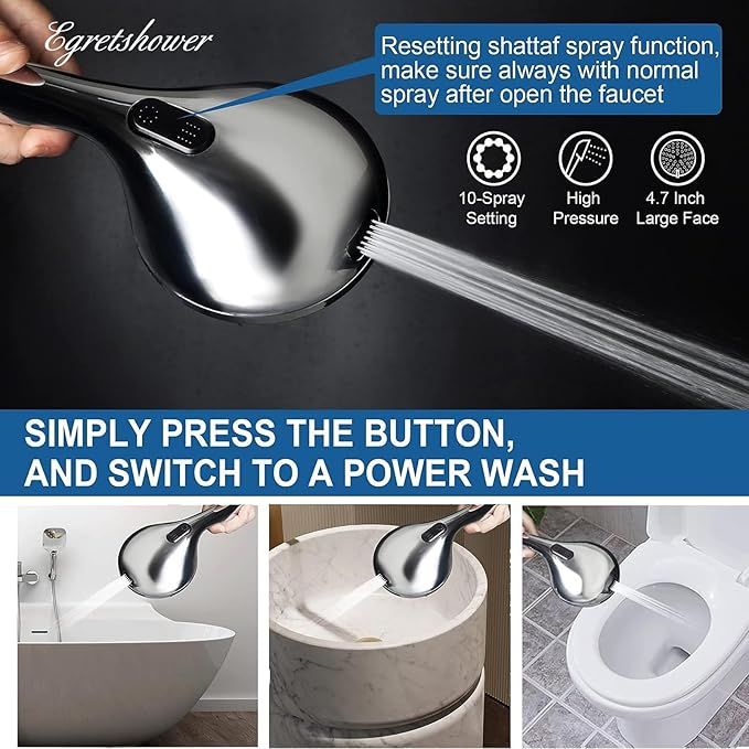 Regadera de Mano Alta Presión, 10 Modos, Panel 4.7", Manguera 5 Pies, Cromo Pulido miniatura 5