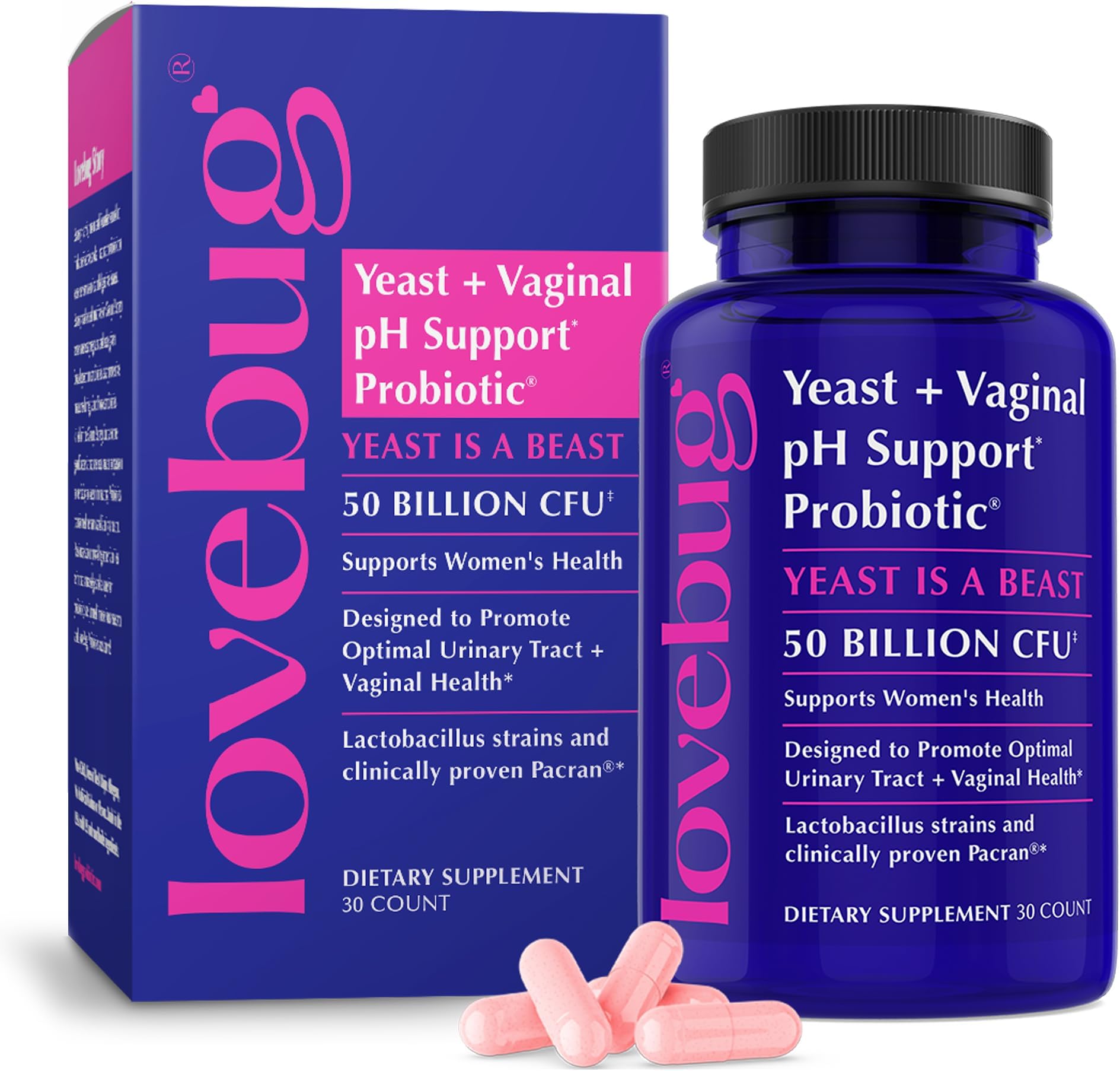 LOVEBUG Yeast + Vaginal pH Support | Clinically Studied Ingredients for Yeast & UTIs | Multi Strain 50 Billion CFU | 60 Capsules