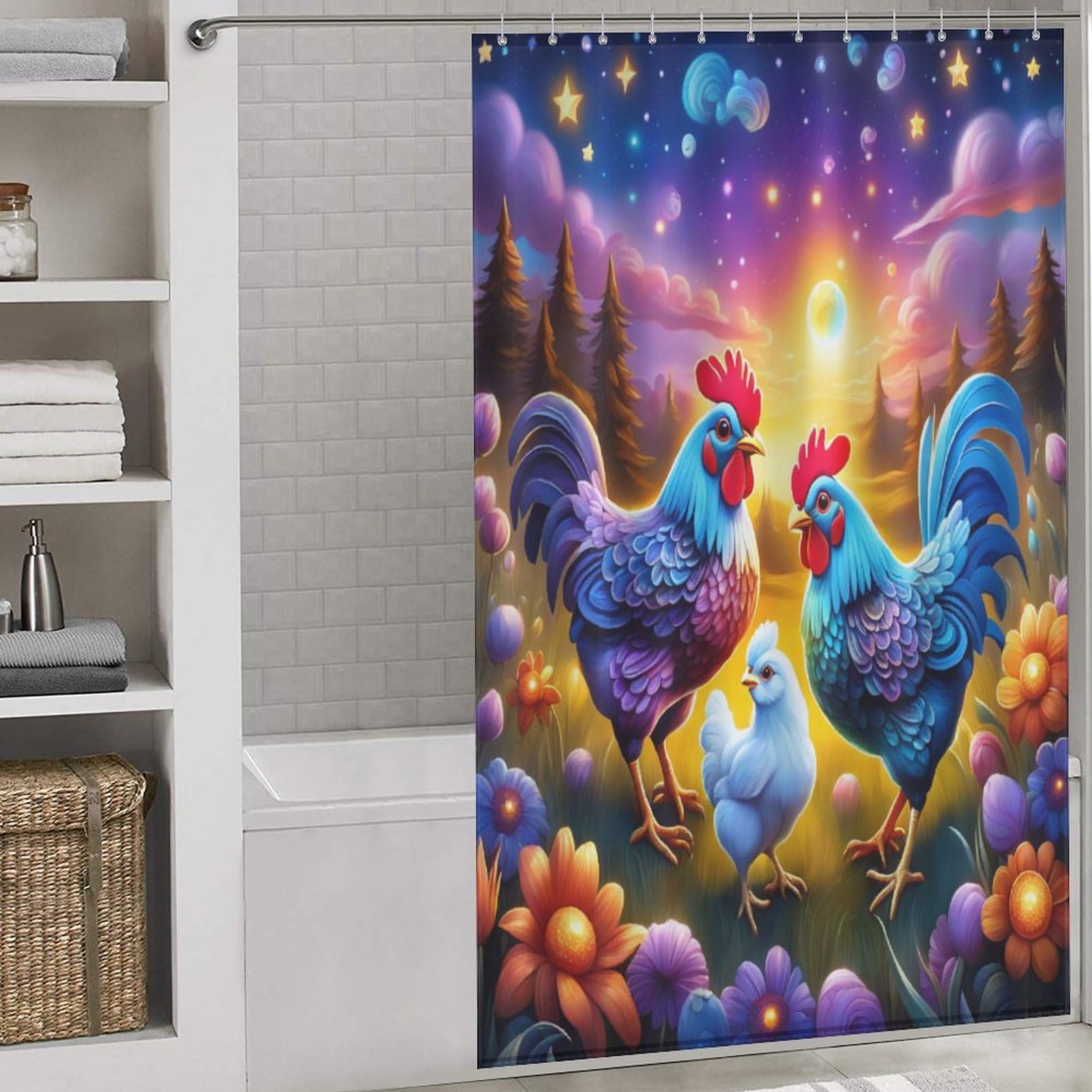 Rideaux de douche pour salle de bains anti éclaboussures poulet mignon en tissu avec crochets