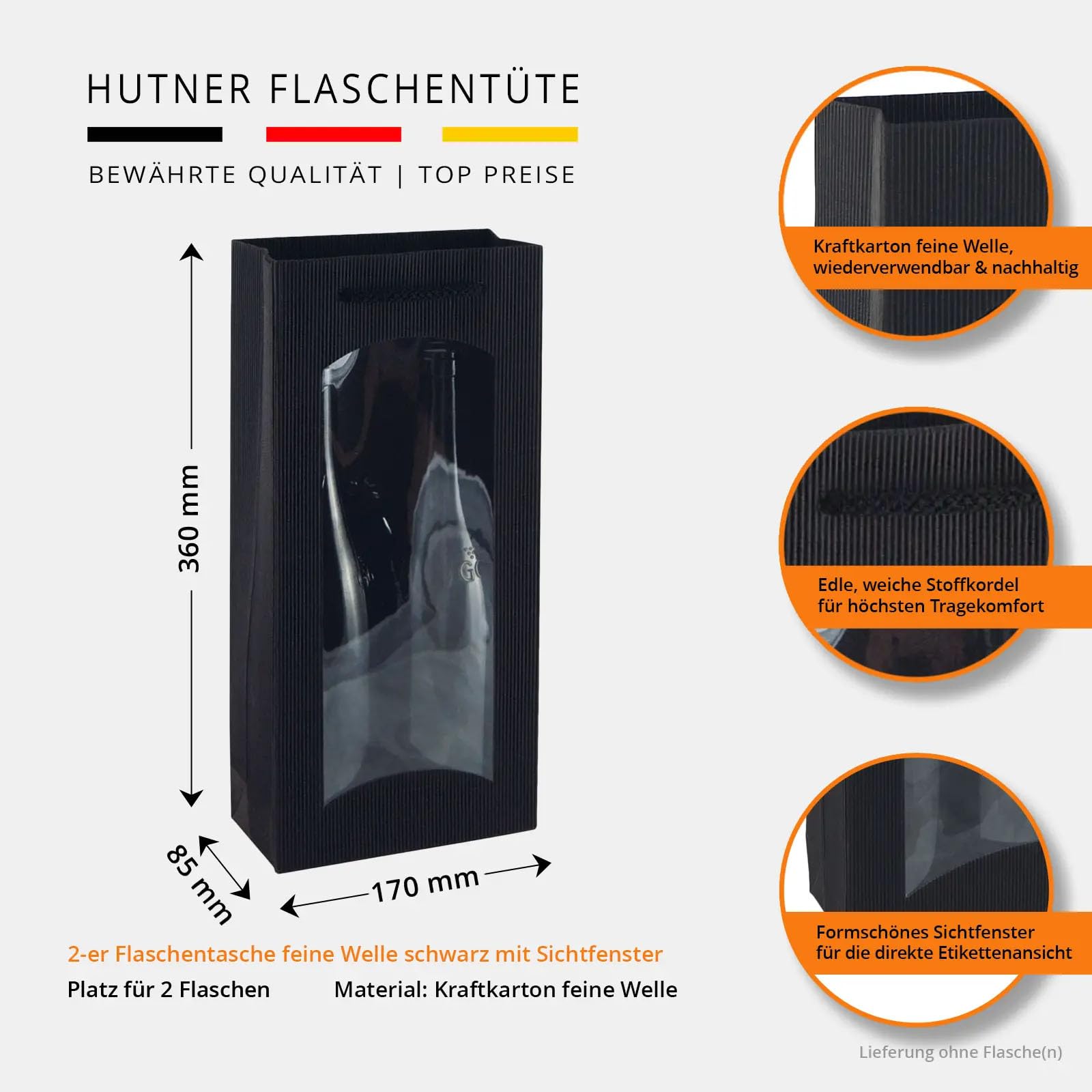 20 Flaschentaschen für 2 Weinflaschen aus Kraftkarton | schwarz | 170 x 85 x 360 mm | mit Sichtfenster & Tragekordel | Geschenkverpackung für Wein-, Sekt- & Spirituosenflaschen