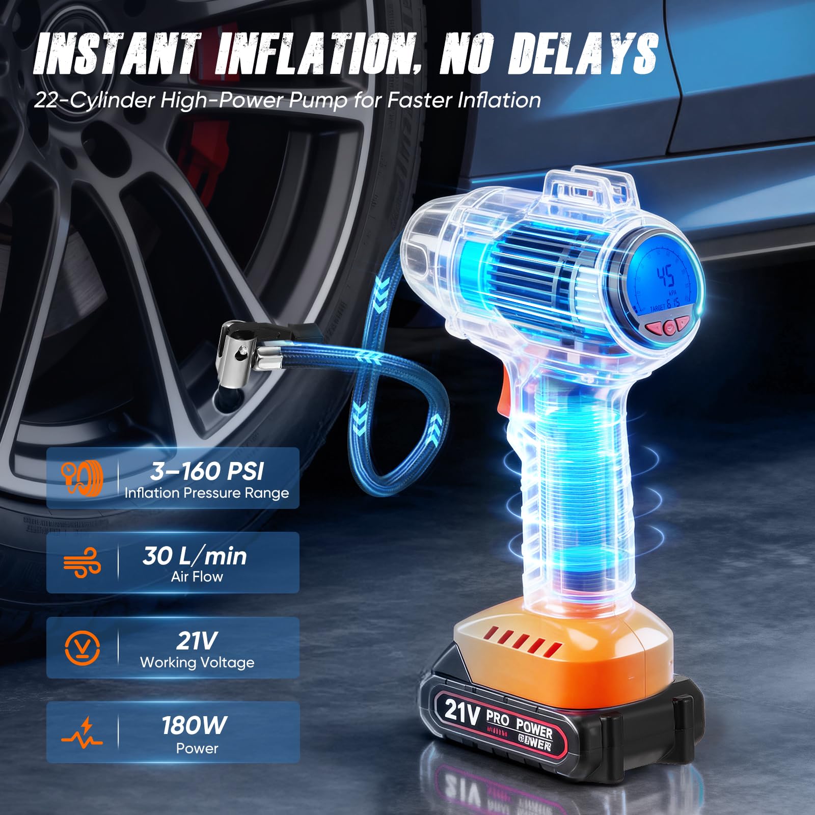 Kabelloser Akku-Luftkompressor, 160 PSI, mit digitalem Manometer & Auto-Stopp, tragbare Luftpumpe für Auto, Motorrad, Fahrrad, Bälle – gelb