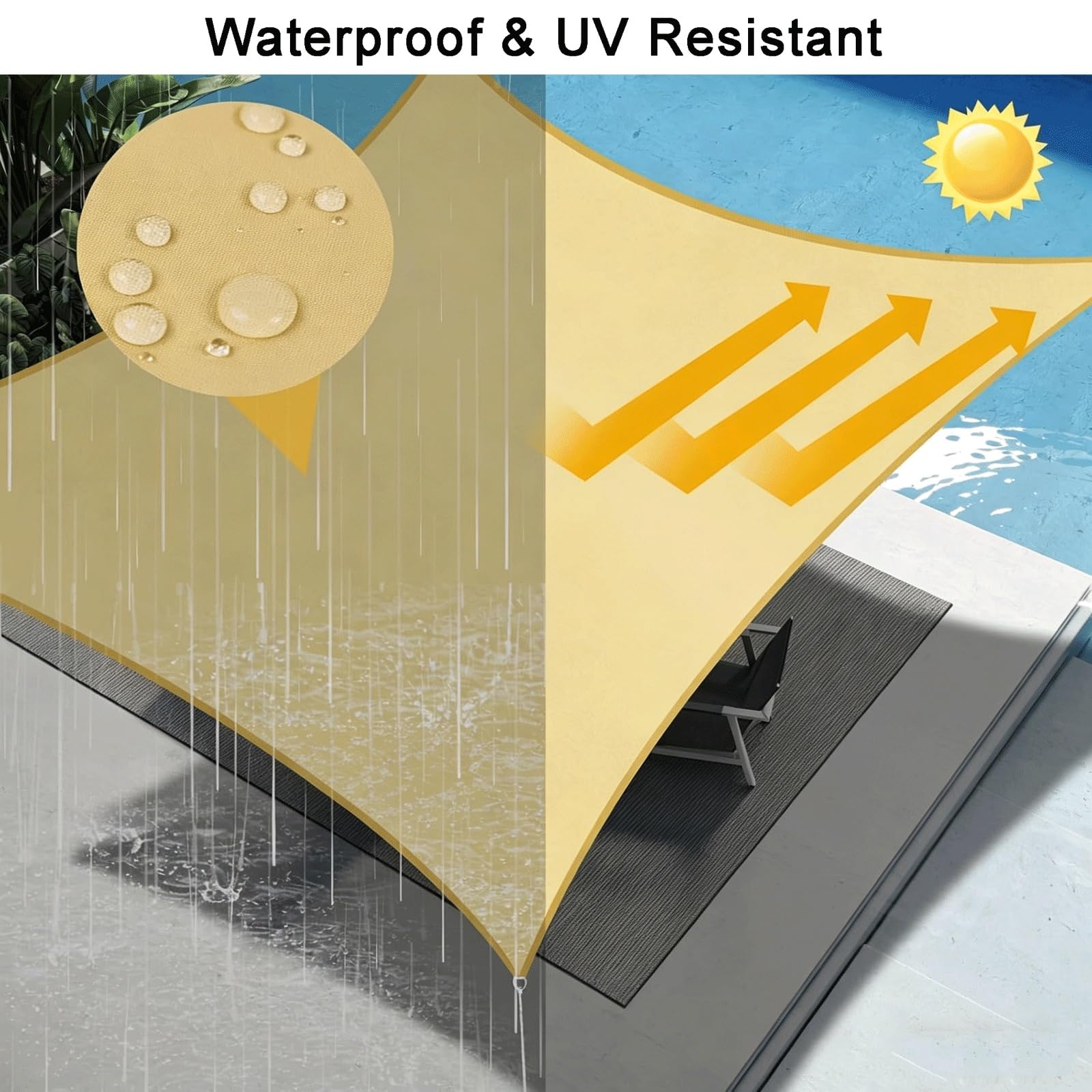 Sonnensel - Toldo solar para exteriores, 190 x 340 cm, protección UV, impermeable, fácil de instalar, ojales y cuerda para patio, jardín, camping, terraza