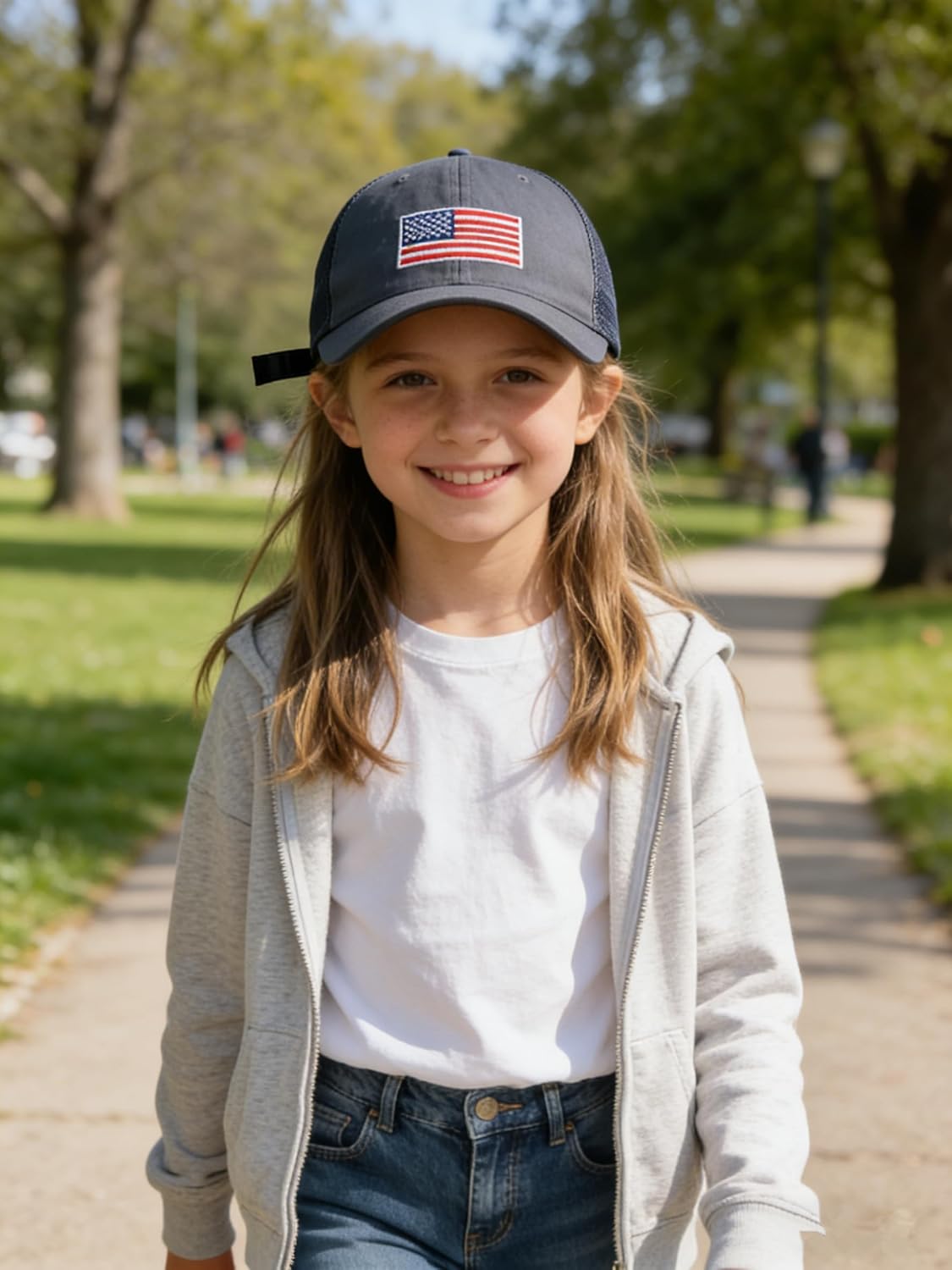 Kids American Flag Baseball Cap Boys Girls Mesh Baseball Hat, Toddler Embroidery Trucker Hat for Age 3-14 Years
