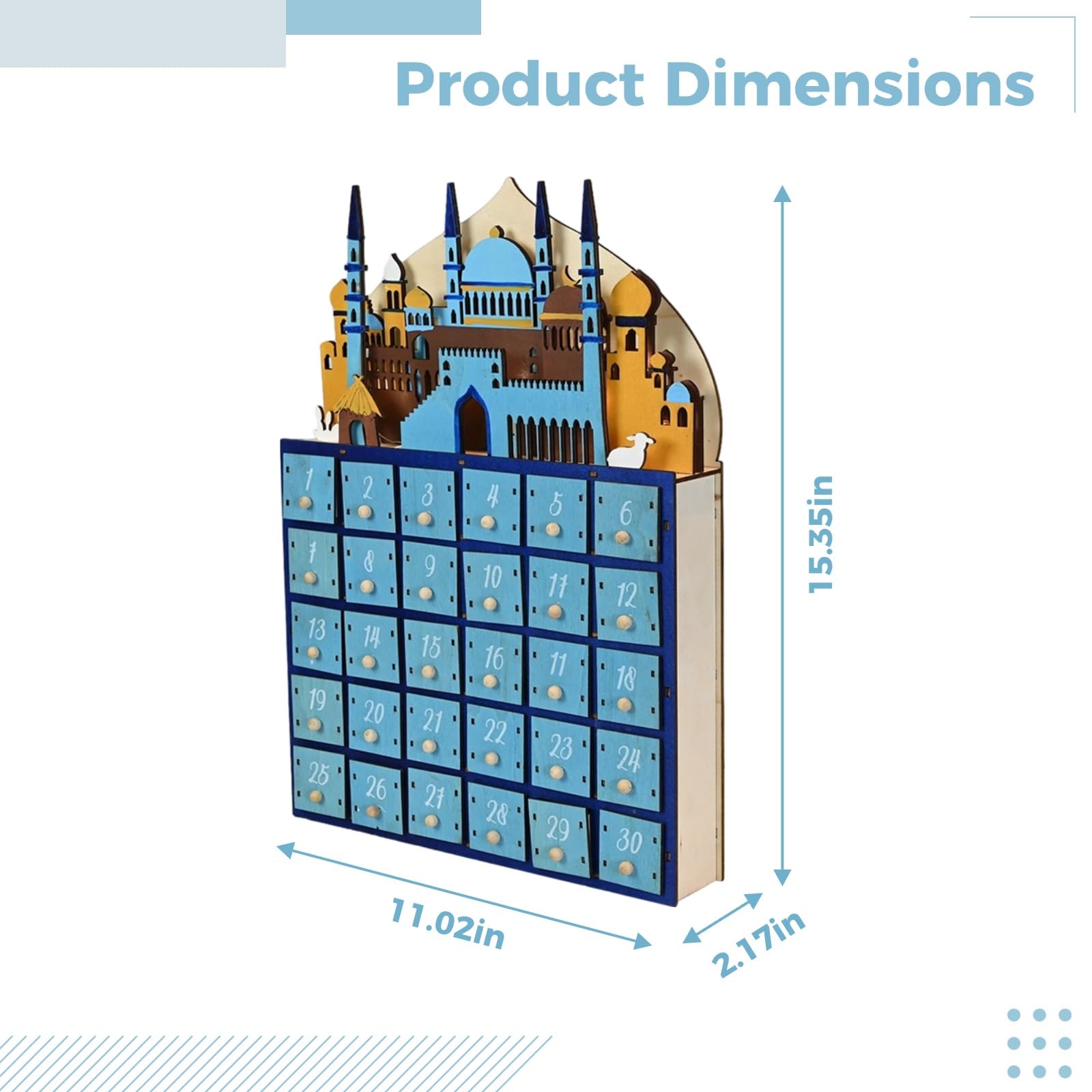 Calendario de Adviento Ramadán de madera con luces LED, 28 x 5,5 x 39 cm, calendario de cuenta regresiva de 30 cajones, decoración de festival Eid, lámpara de mesa de dormitorio, decoración religiosa