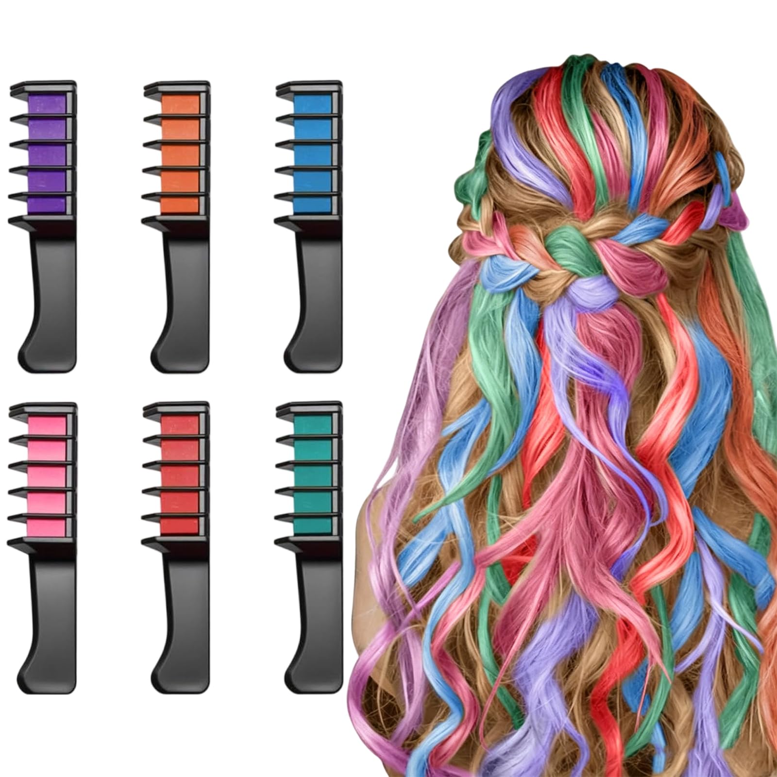 6 Colors Festive Fun Hair Chalk Combs, Temporary Glitter Hair Colors Hair Dye Combs, Washable Quick Dry Vibrant Temporary Colorfor Birthday Party, Christmas Giftsfor Teenage and Girls-picture-50