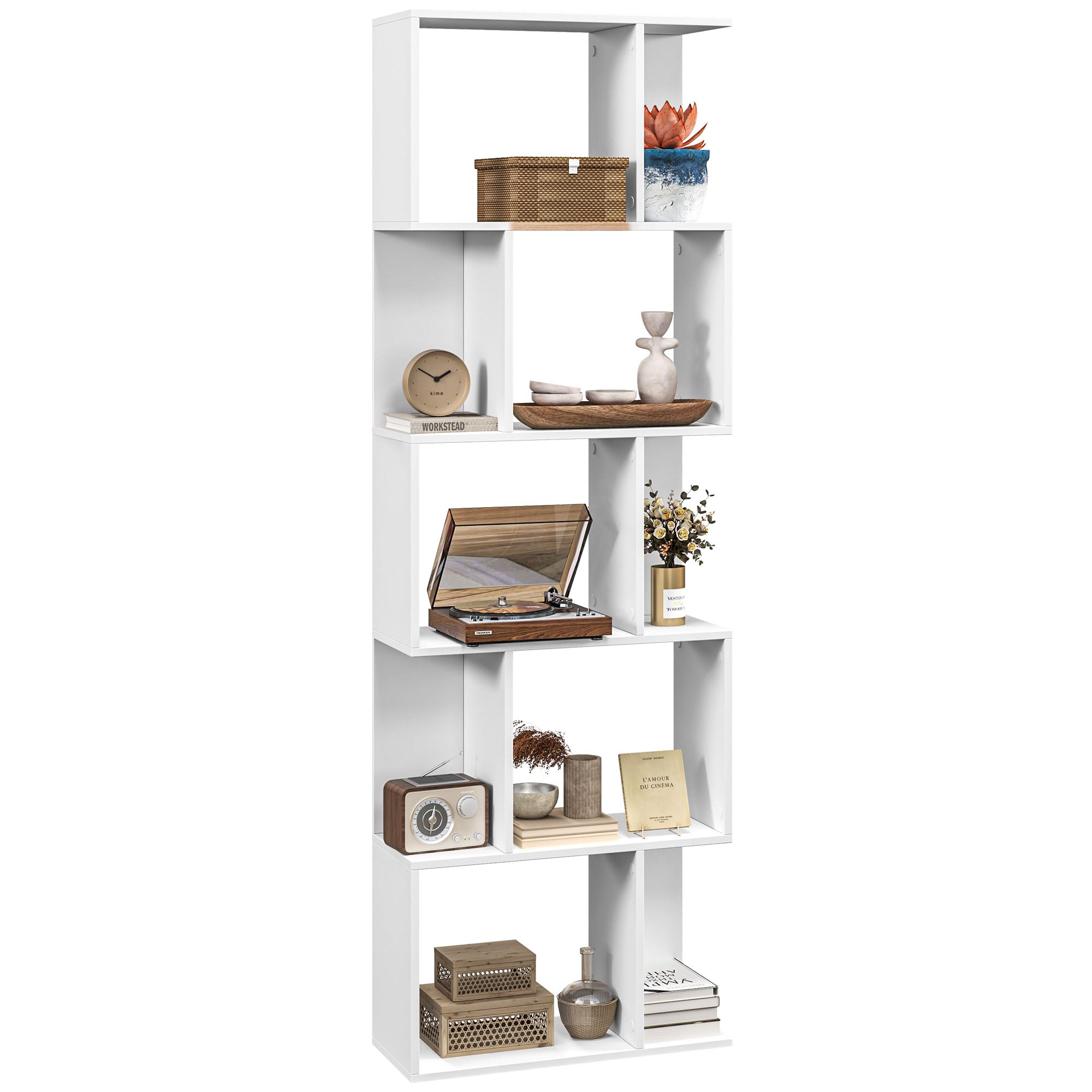 HOMCOM Estantería con 5 estantes divisorios, estantería de Madera en Forma de S para Ahorrar Espacio, estantería divisoria para salón, Dormitorio y Oficina, 60x24x184,5 cm, Blanco