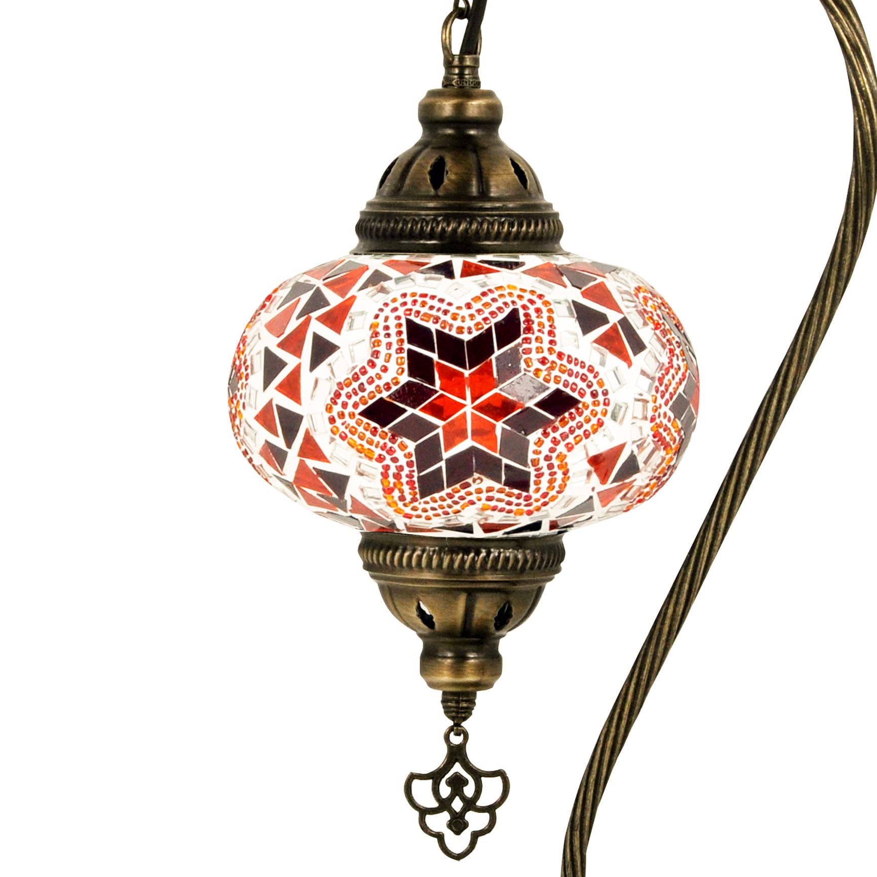 MOSLAND HOME 5 Variation Turkish Lamp Mosaic Table Lamps | Turkish Moroccan Lamp with Bronze Base | Handmade Swan Neck Tiffany Night Lamp | Mosaic Glass Bedside Night Lamp with Led Bulb (Red Orange)