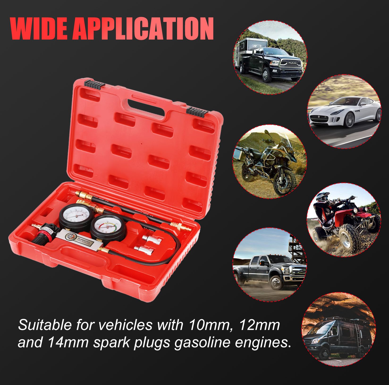 JIFETOR Kit de probador de fugas de cilindro, medidor de presión dual profesional, detector de fugas de compresión del motor, juego de prueba de fugas para motor de gasolina con bujías de 10 12 14 mm