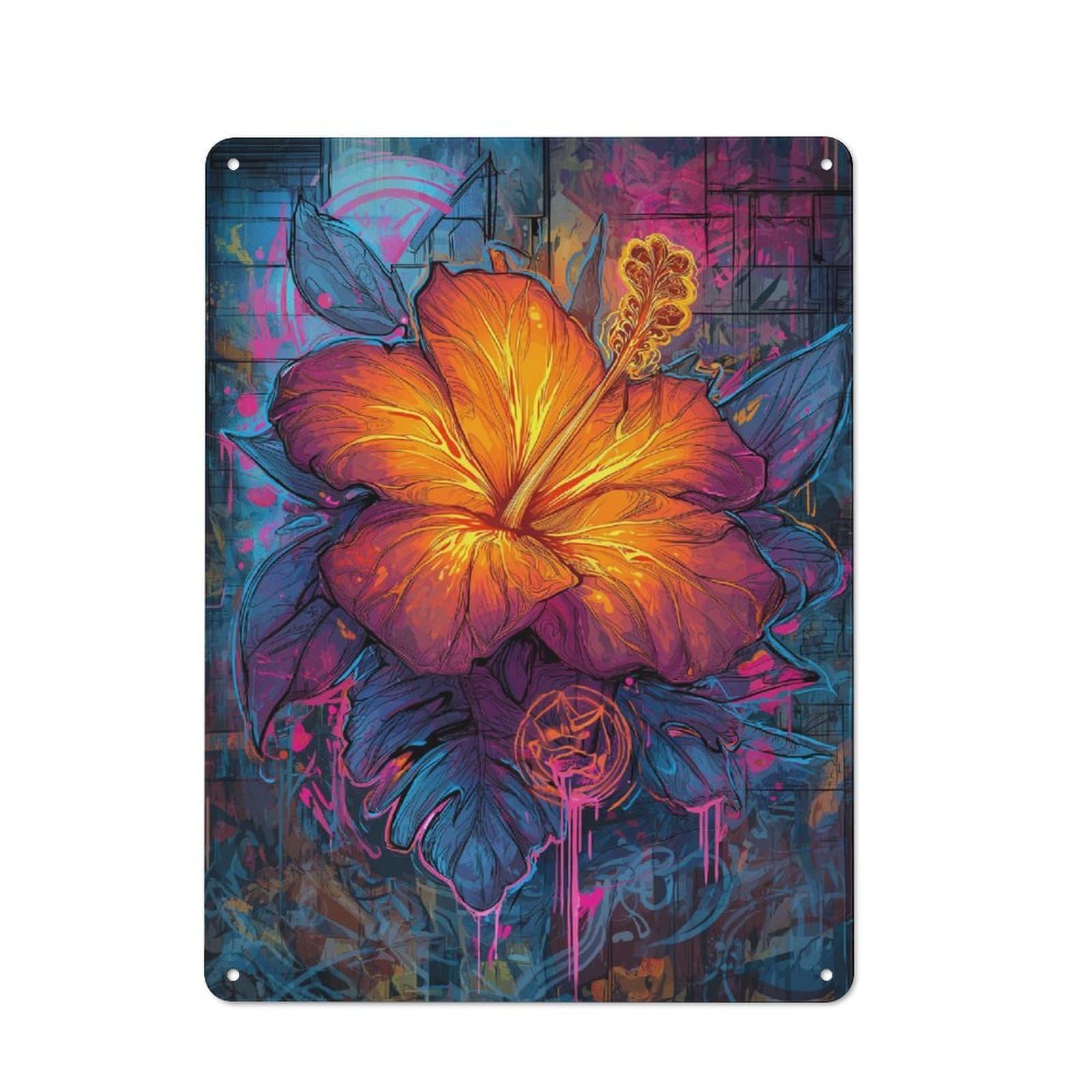 Rustic Vintage Metal Sign 40x30cm Featuring Vibrant Hibiscus Art, Home Bar Decor for Cafe, Pub, Workshop Or Home Bar